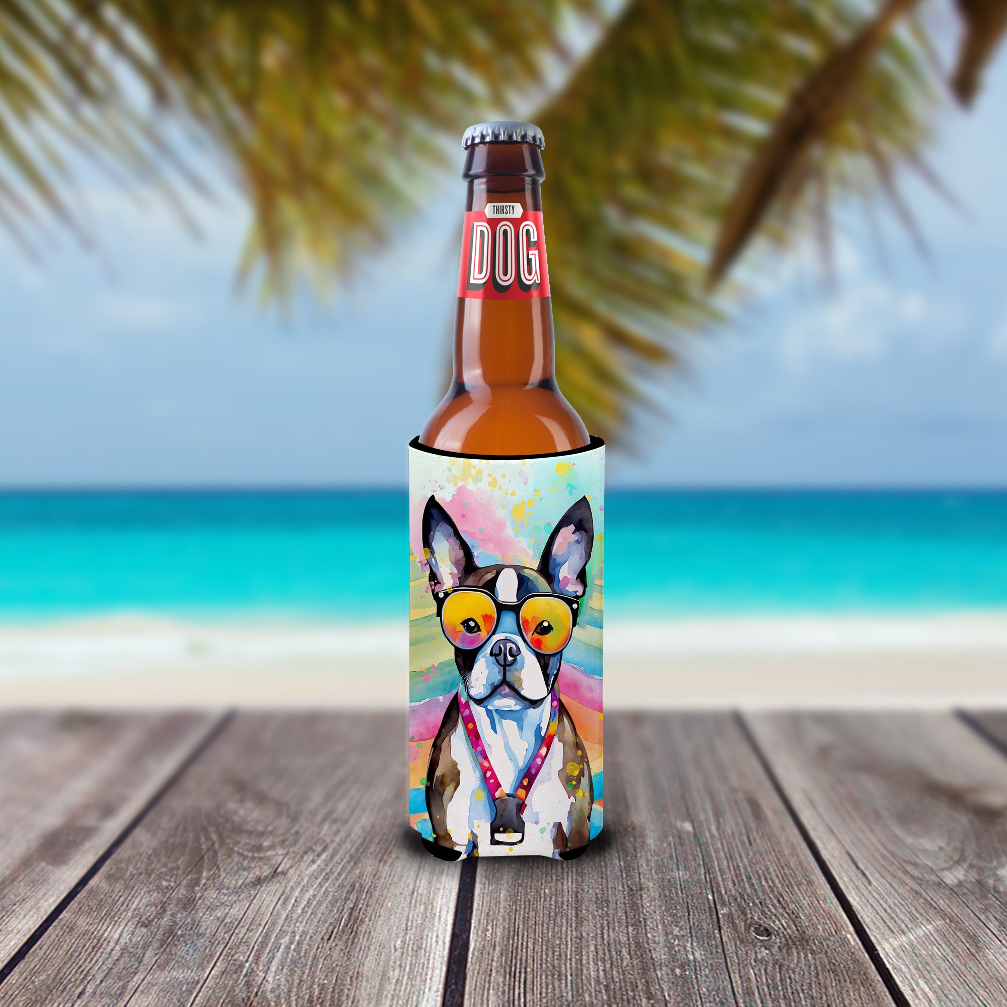 Boston Terrier Hippie Dawg Hugger for Ultra Slim Cans