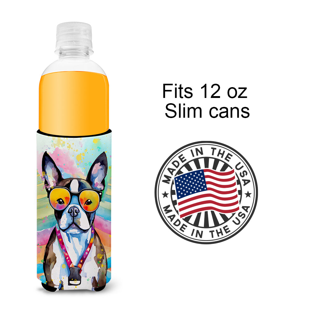 Boston Terrier Hippie Dawg Hugger for Ultra Slim Cans