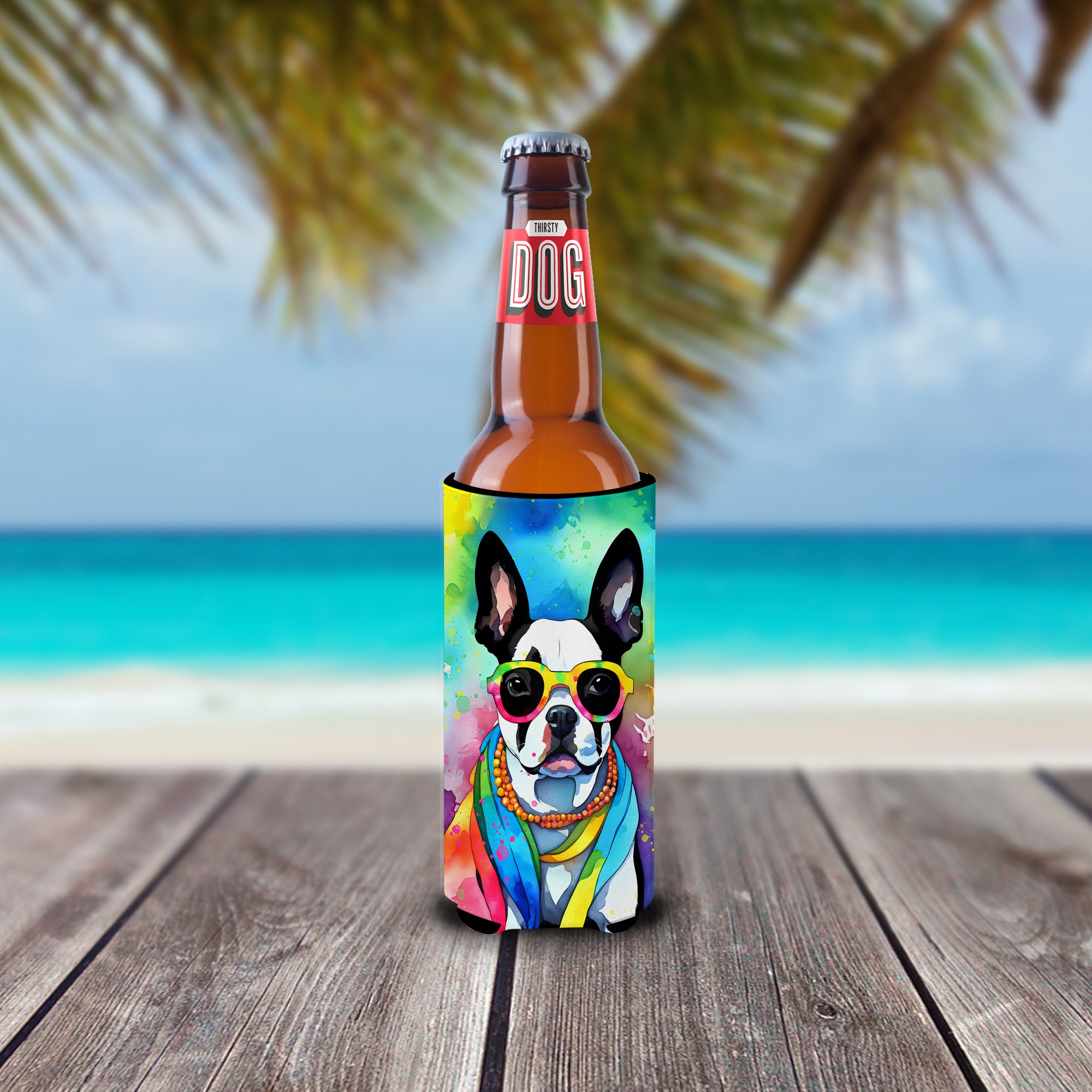 Buy this Boston Terrier Hippie Dawg Hugger for Ultra Slim Cans