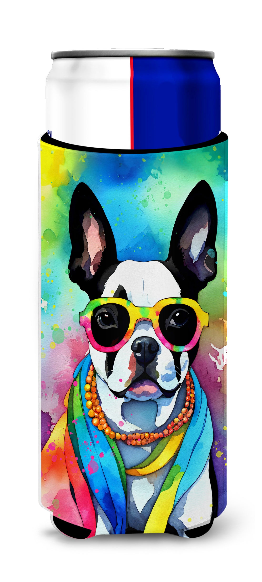 Buy this Boston Terrier Hippie Dawg Hugger for Ultra Slim Cans