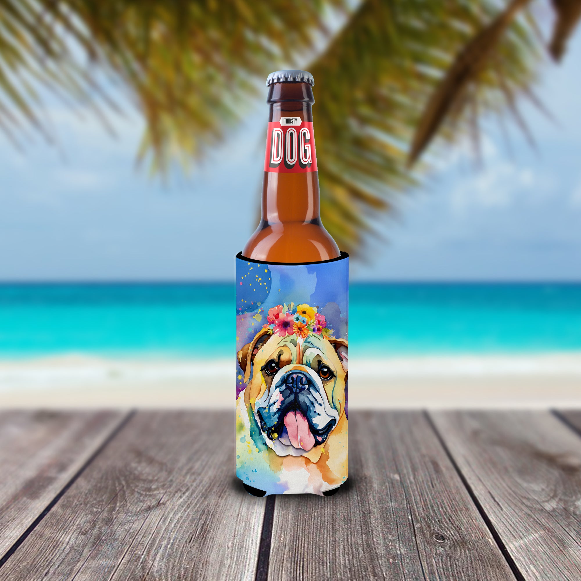 English Bulldog Hippie Dawg Hugger for Ultra Slim Cans