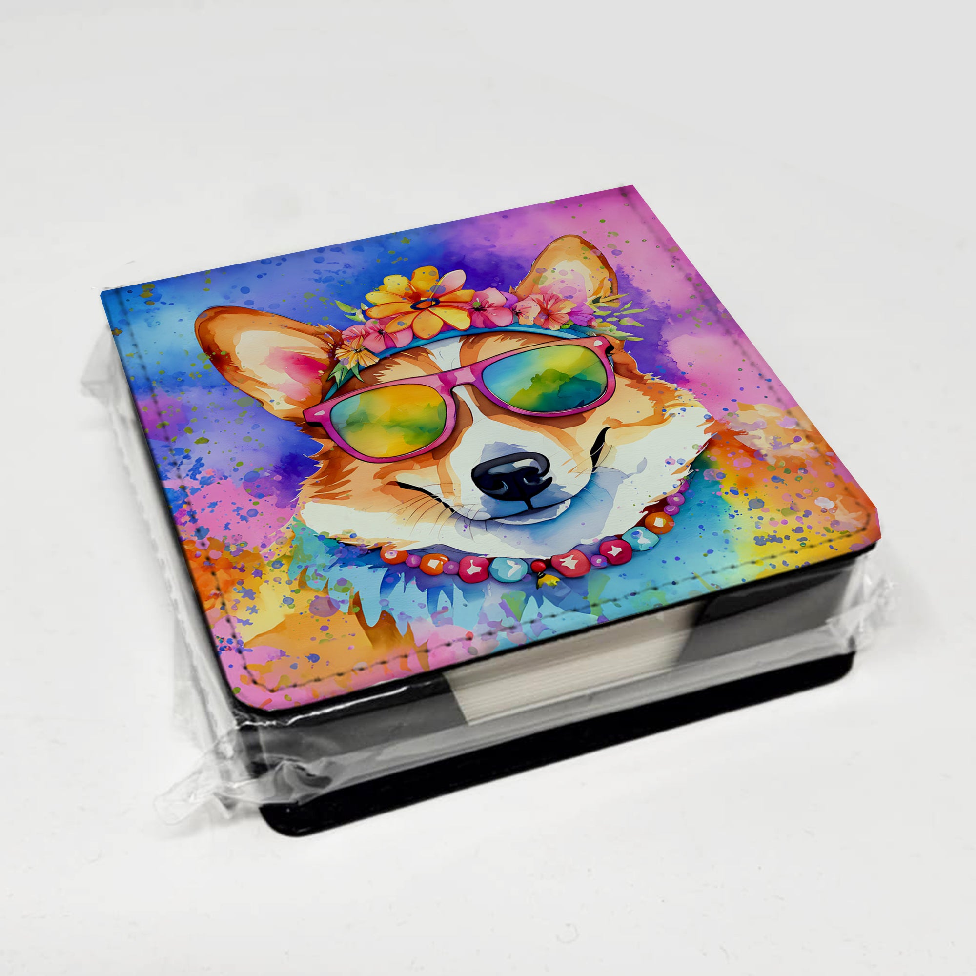 Corgi Hippie Dawg PU Leather Note Paper Holder