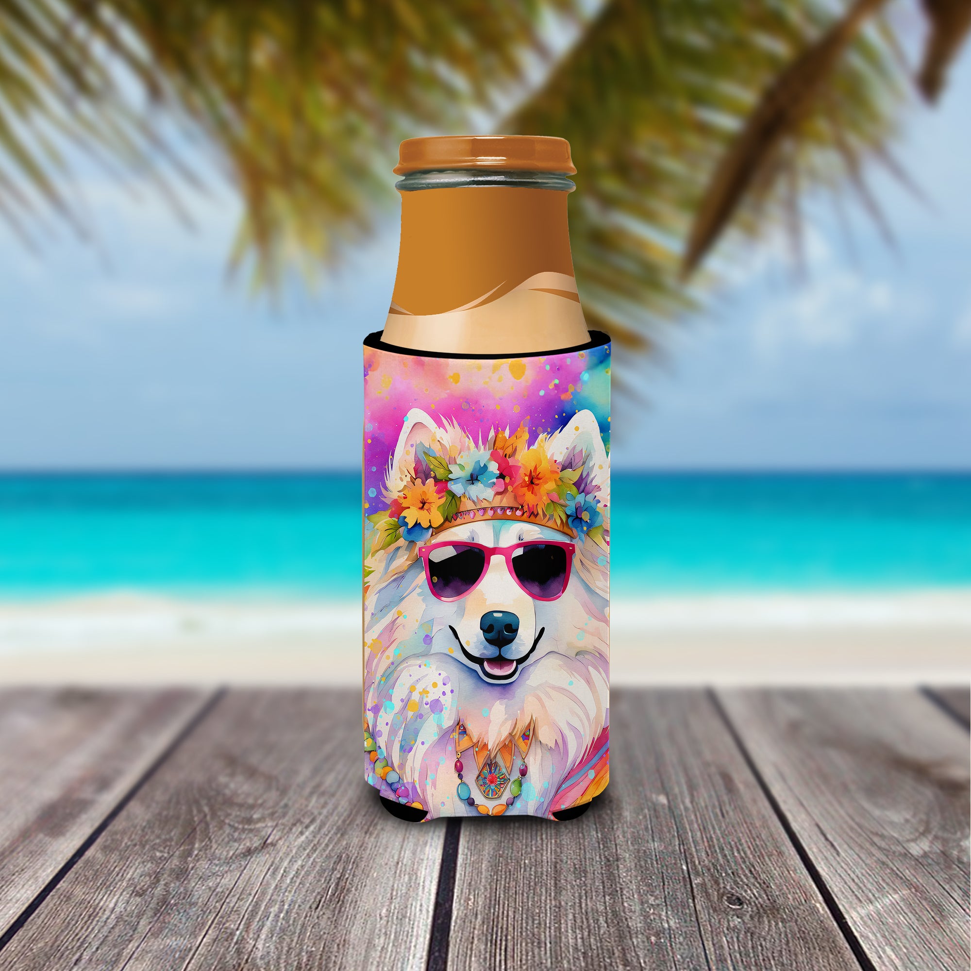 Samoyed Hippie Dawg Hugger for Ultra Slim Cans