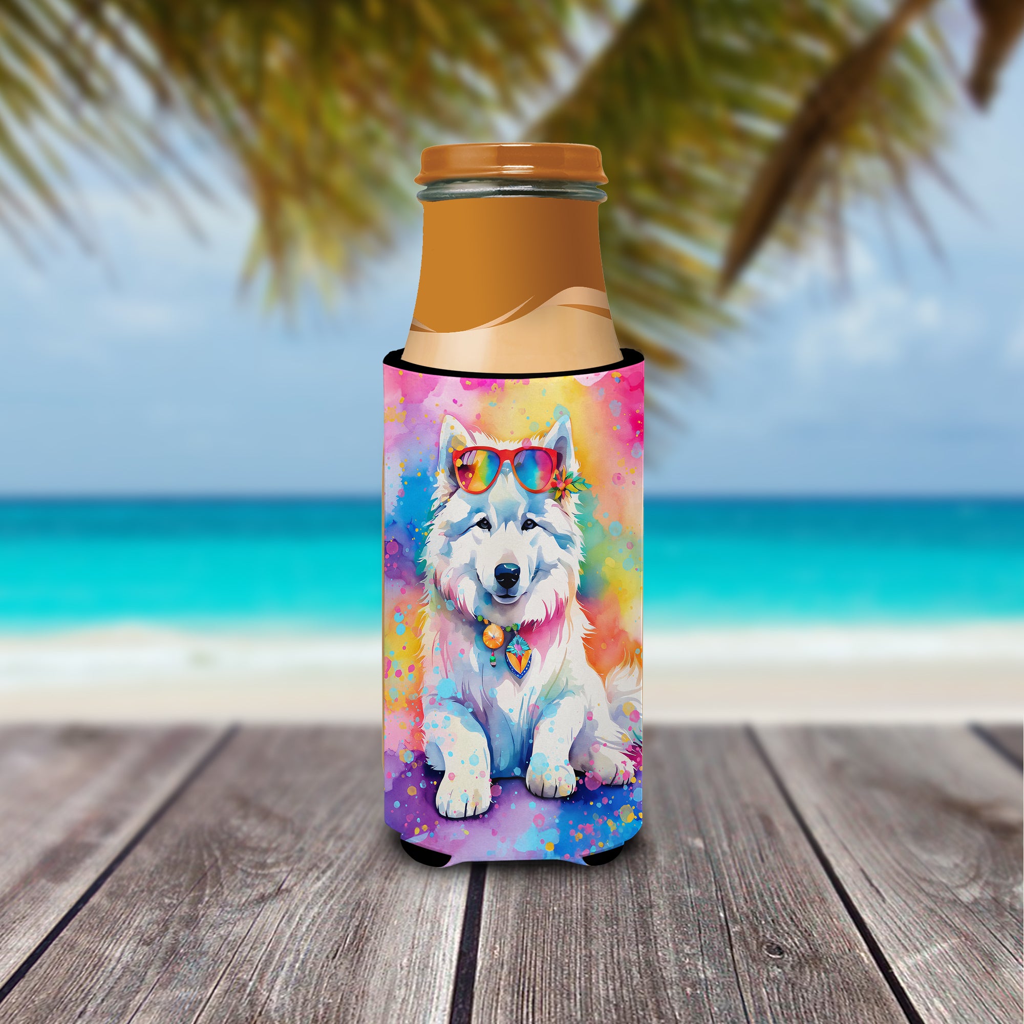 Samoyed Hippie Dawg Hugger for Ultra Slim Cans