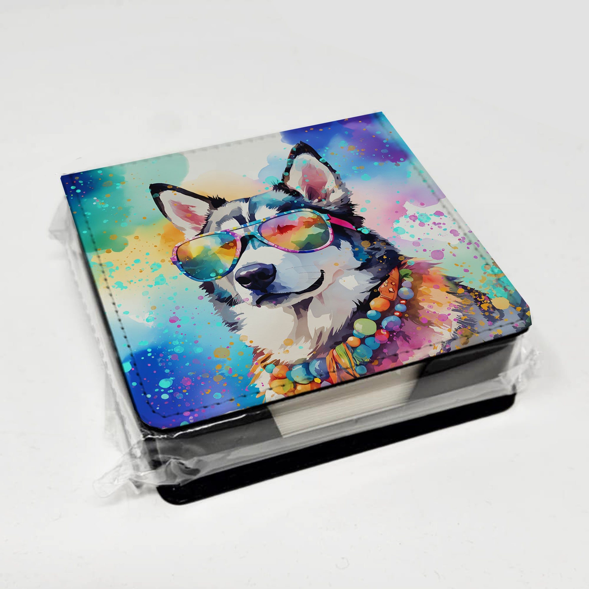 Siberian Husky Hippie Dawg PU Leather Note Paper Holder