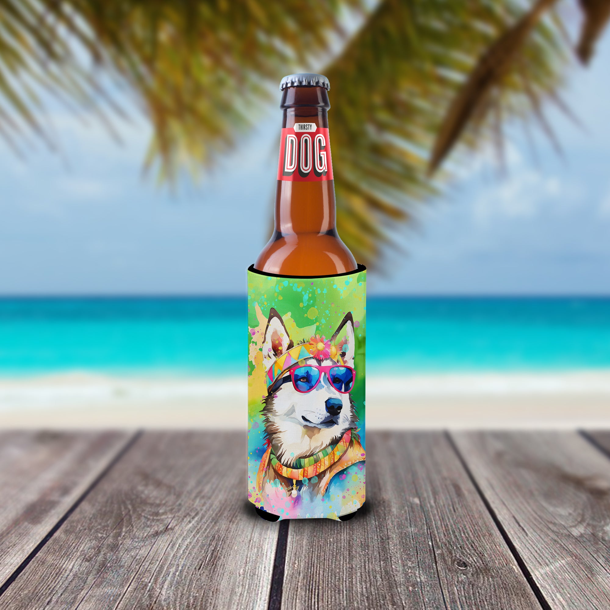 Siberian Husky Hippie Dawg Hugger for Ultra Slim Cans