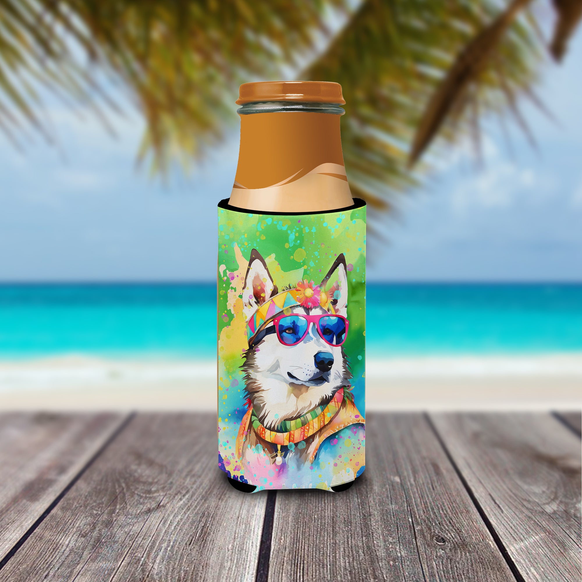 Siberian Husky Hippie Dawg Hugger for Ultra Slim Cans