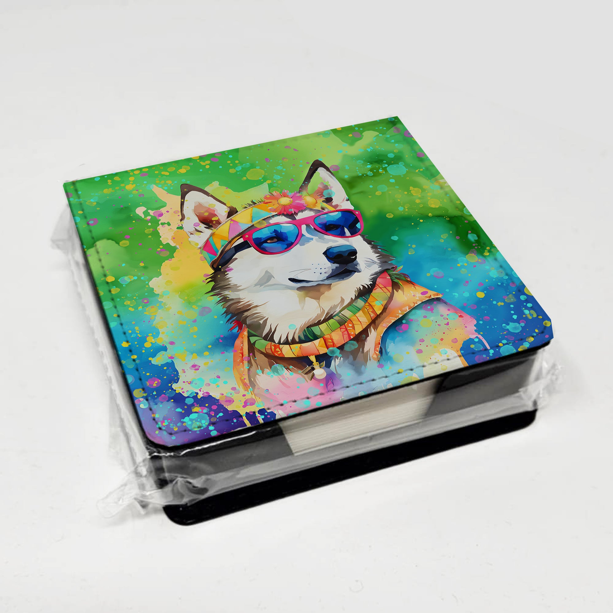 Siberian Husky Hippie Dawg PU Leather Note Paper Holder