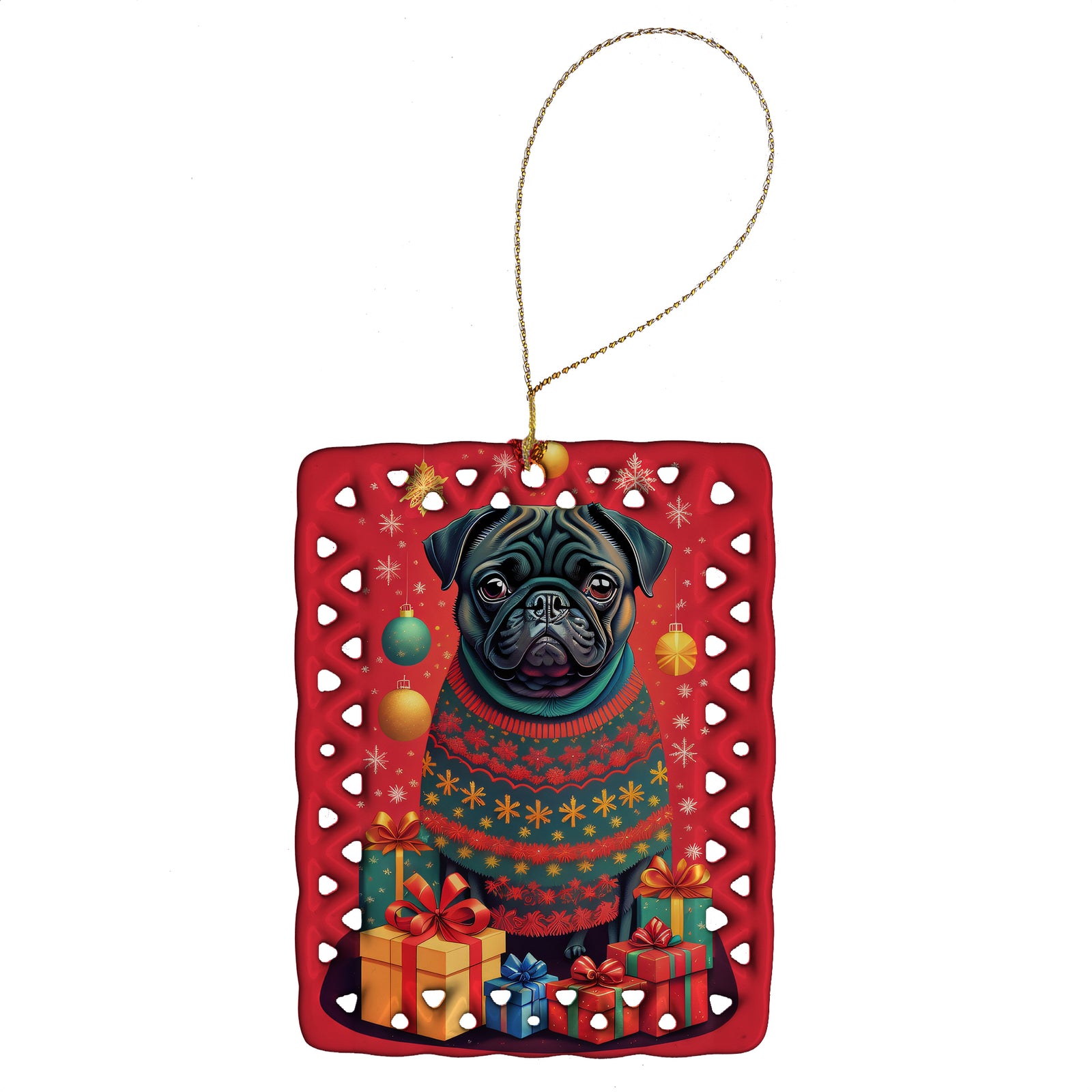 Buy this Black Pug Holiday Christmas Porcelain Ornament