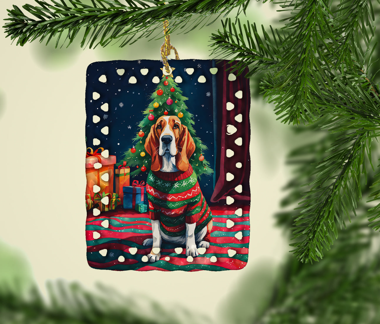 Basset Hound Christmas Porcelain Ornament