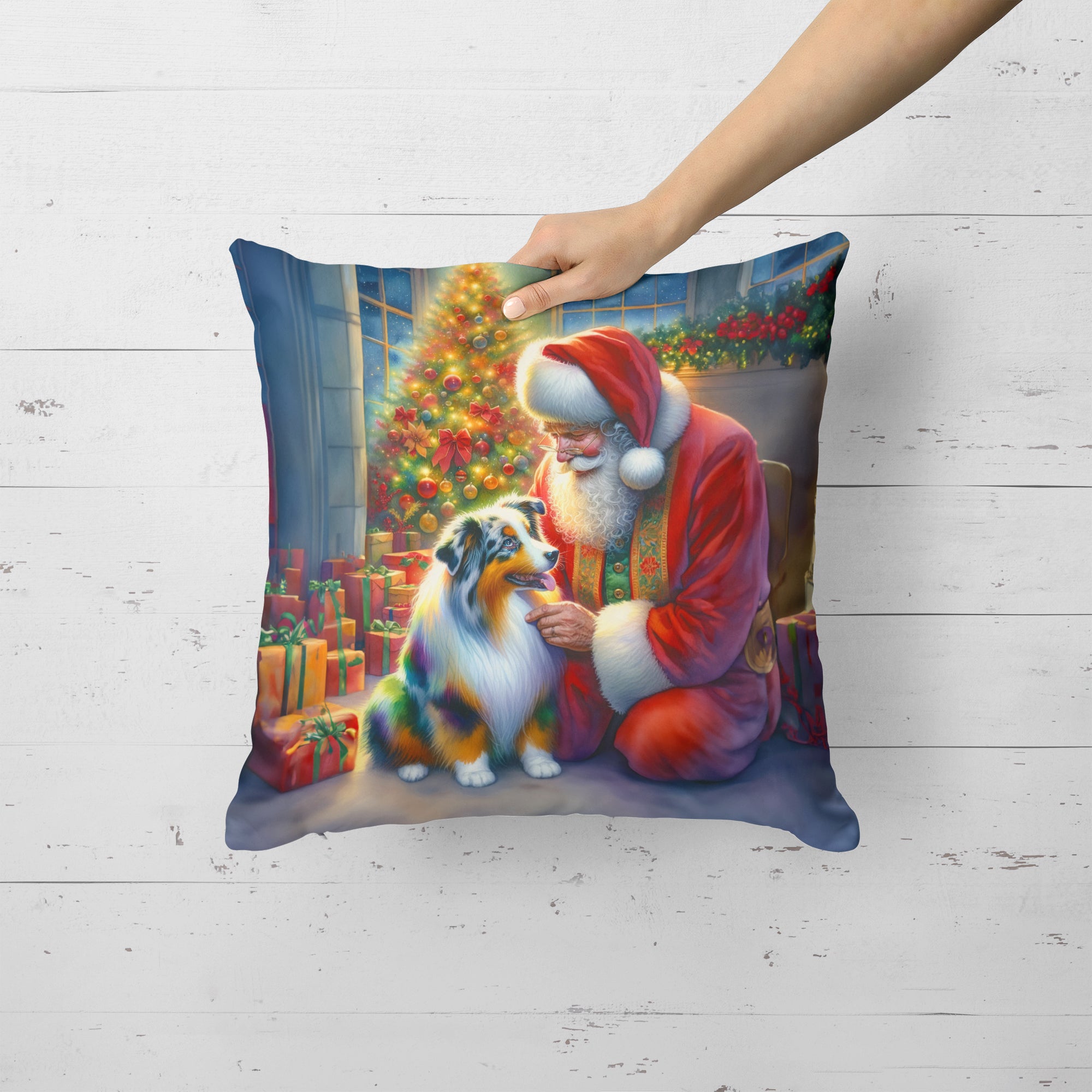 Buy this Australian Shepherd and Santa Claus Throw Pillow