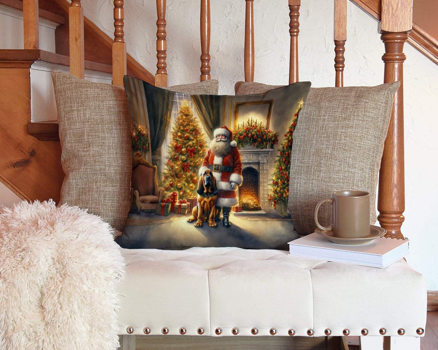 Bloodhound and Santa Claus Throw Pillow