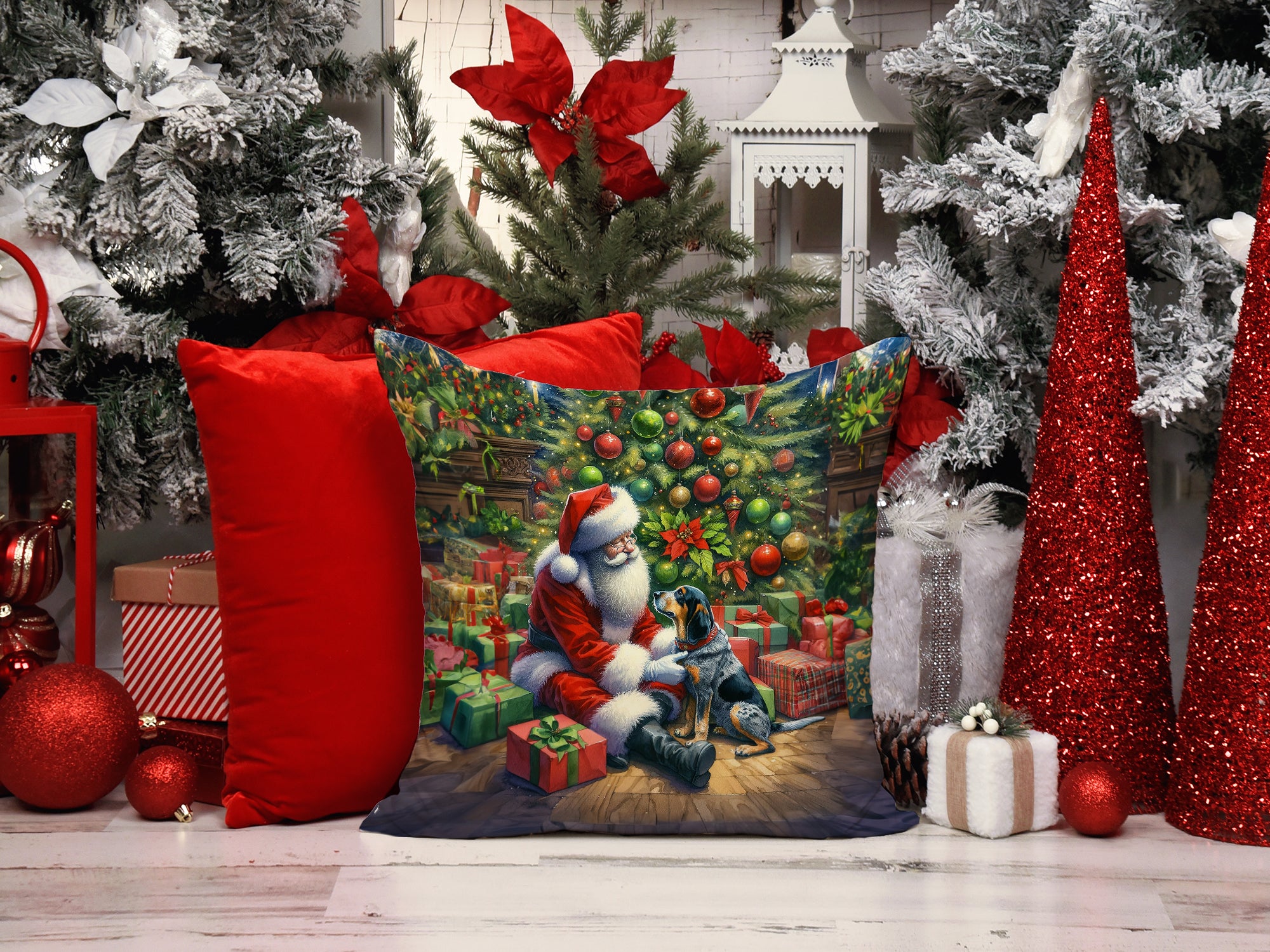 Buy this Bluetick Hound and Santa Claus Throw Pillow