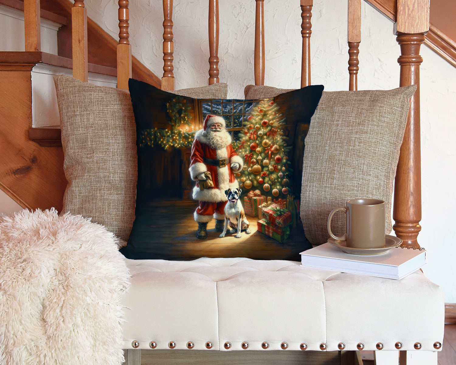 Boxer and Santa Claus Throw Pillow