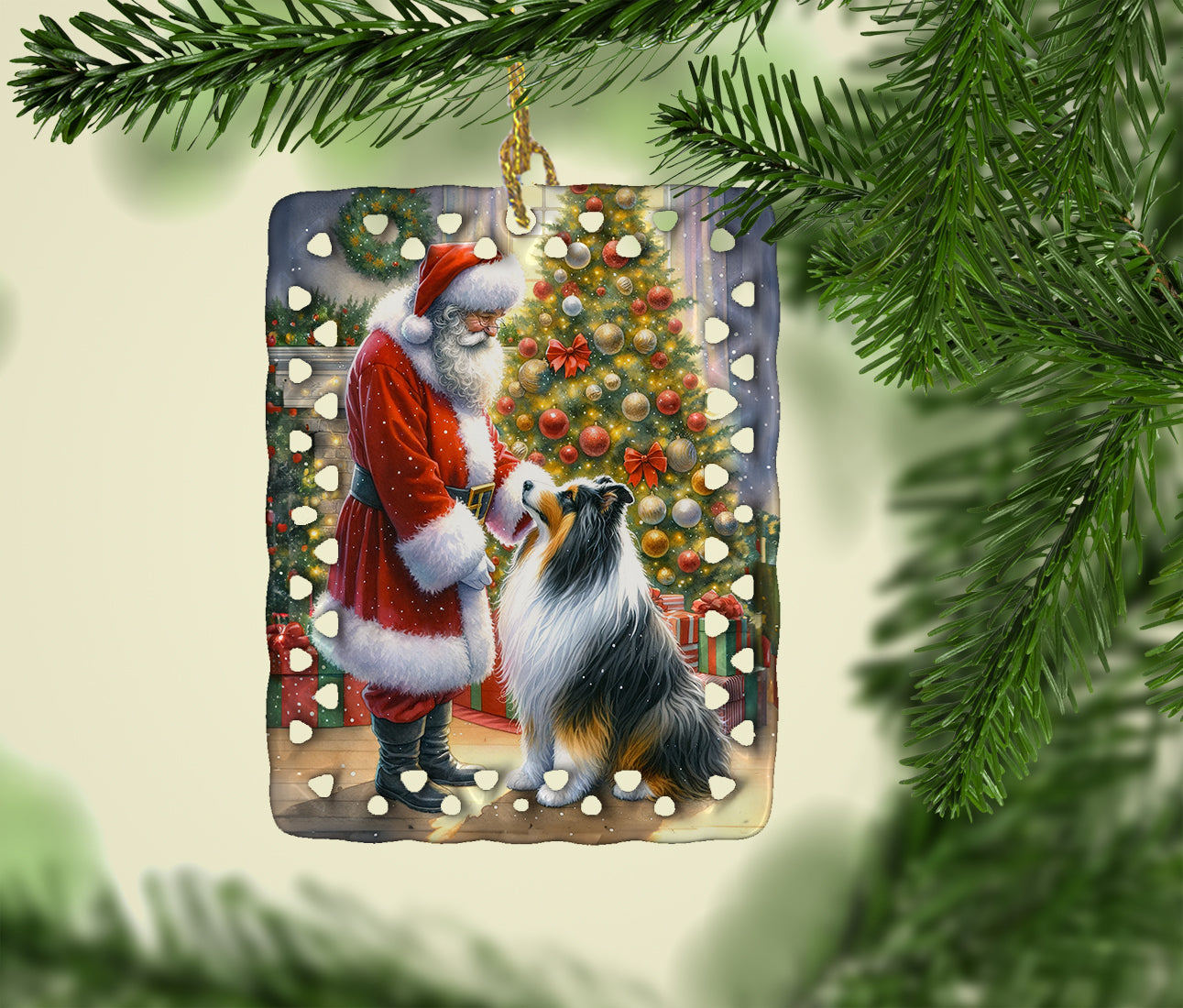 Buy this Collie and Santa Claus Porcelain Ornament