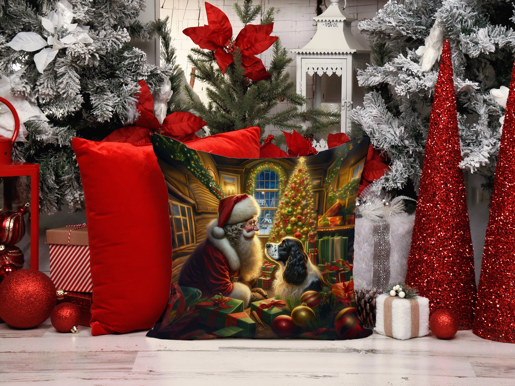 Buy this English Springer Spaniel and Santa Claus Throw Pillow