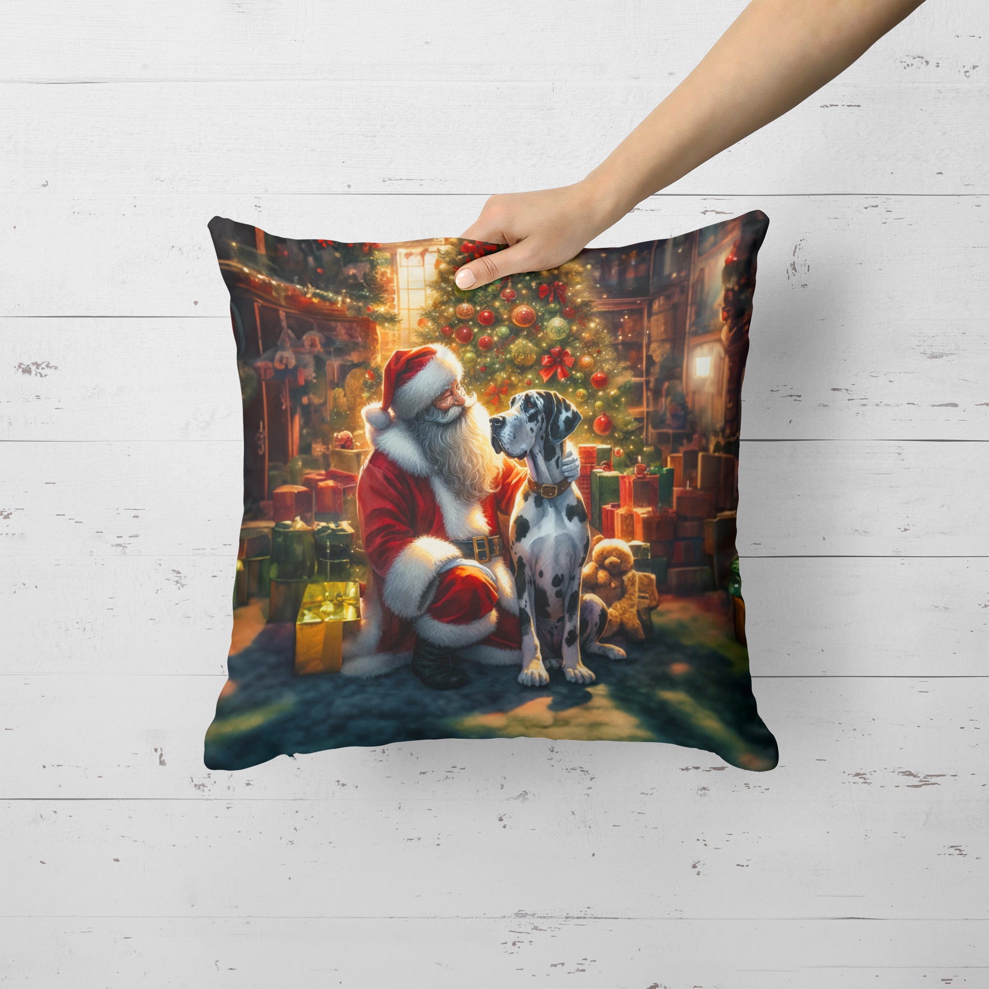 Great Dane and Santa Claus Throw Pillow