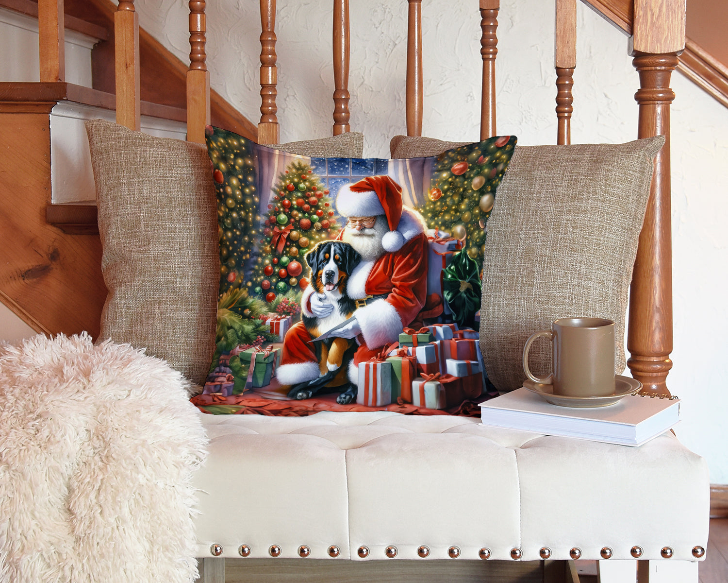 Greater Swiss Mountain Dog and Santa Claus Throw Pillow