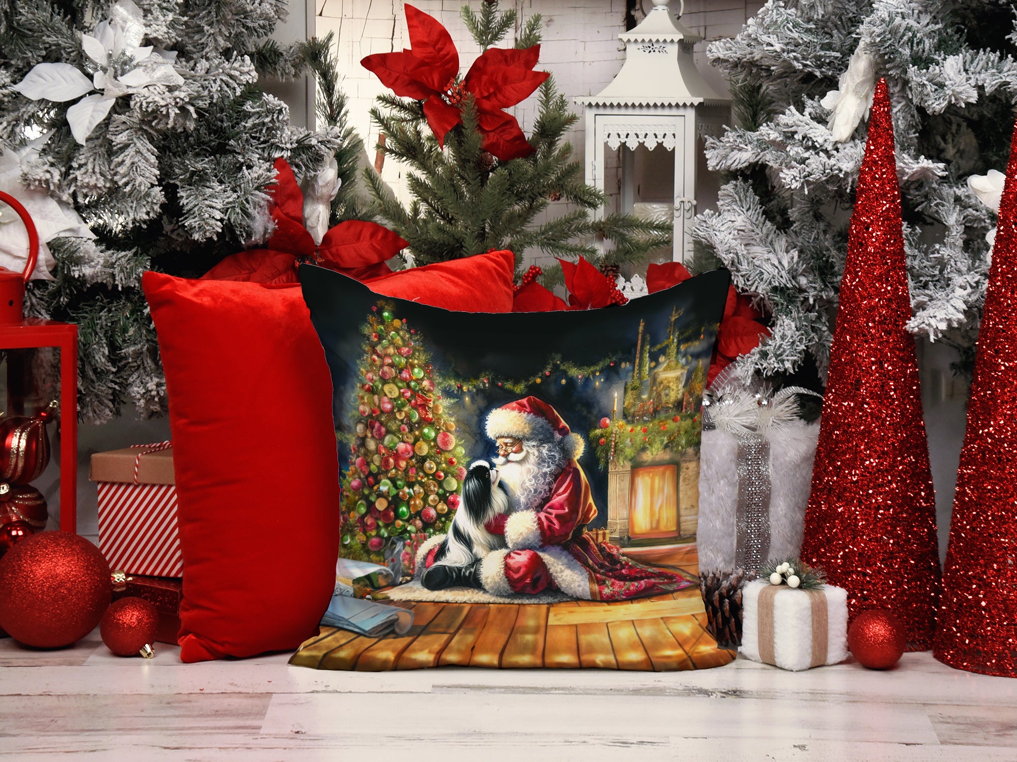 Japanese Chin and Santa Claus Throw Pillow