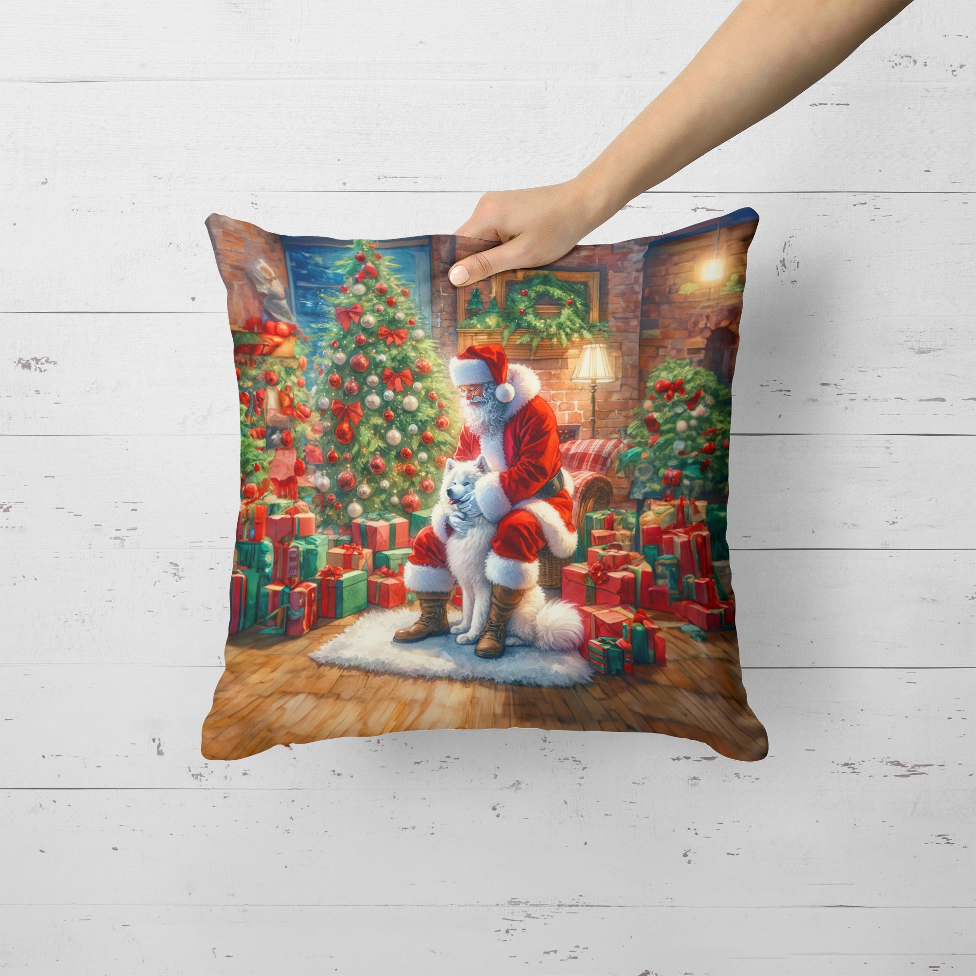 Buy this Samoyed and Santa Claus Throw Pillow