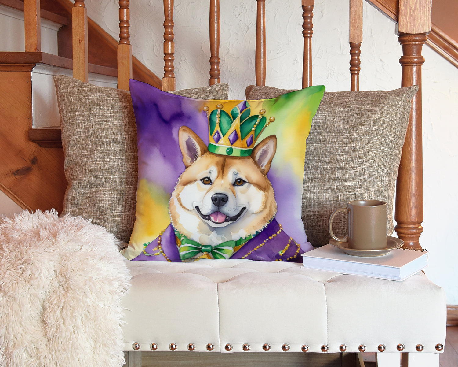 Akita King of Mardi Gras Throw Pillow