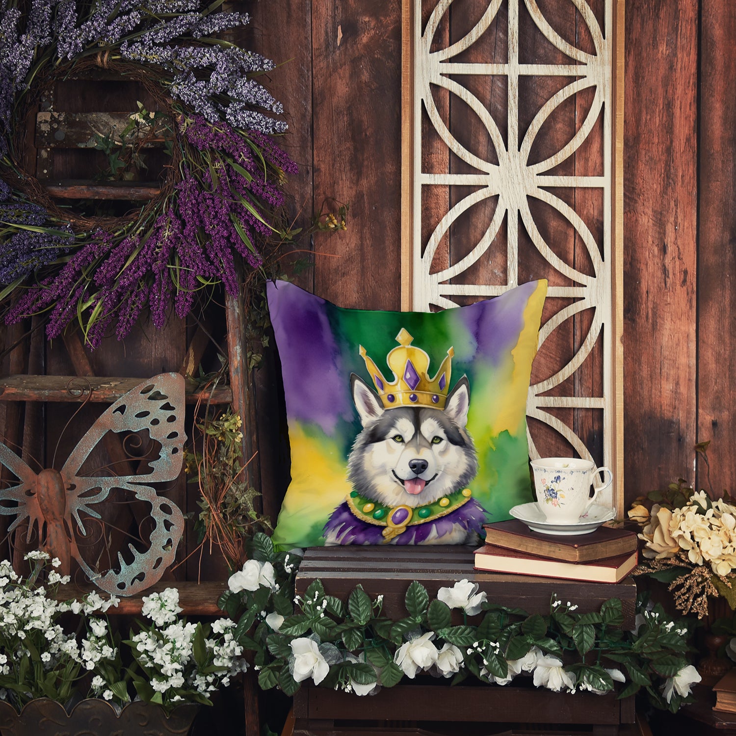 Alaskan Malamute King of Mardi Gras Throw Pillow