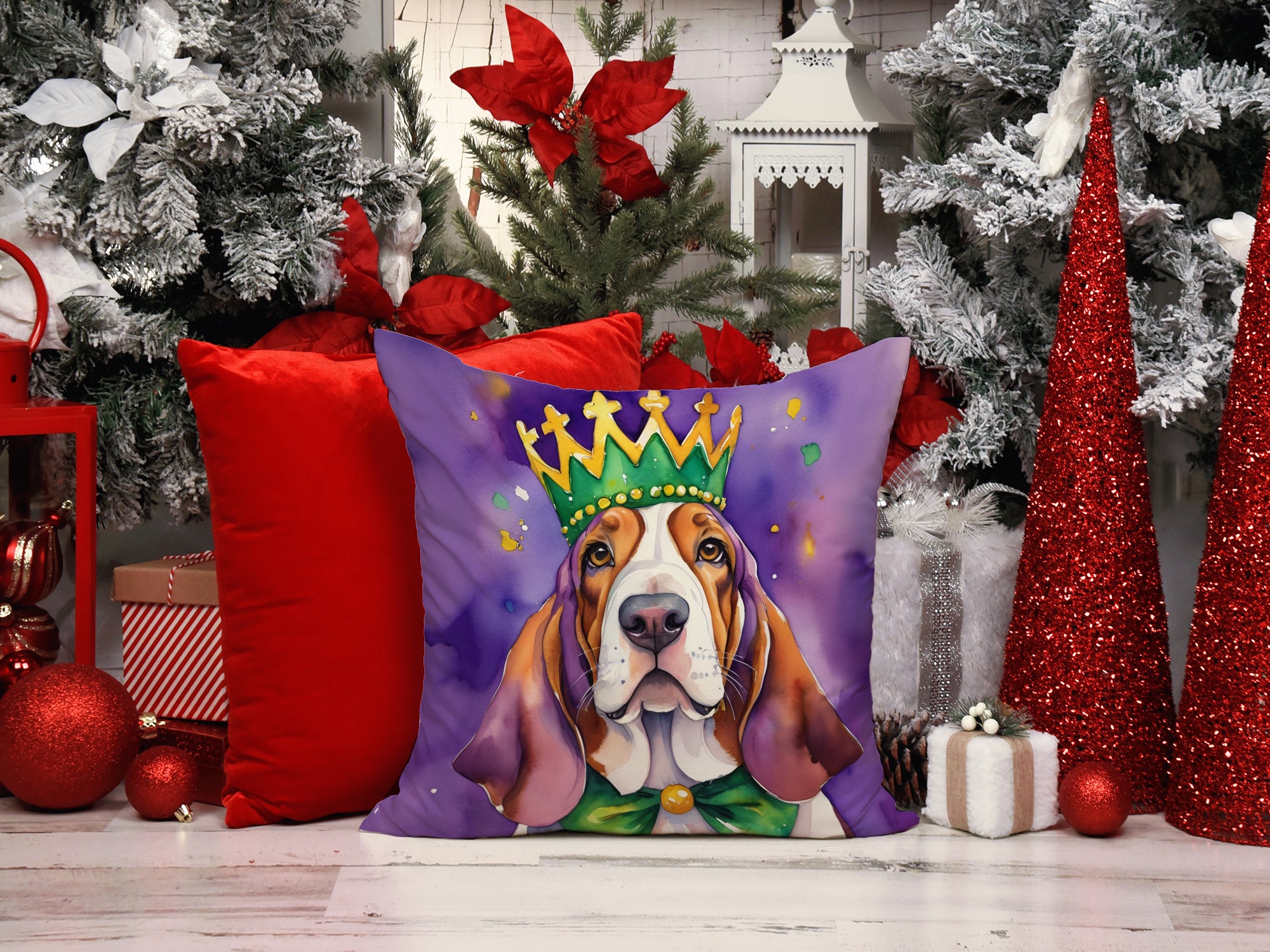 Basset Hound King of Mardi Gras Throw Pillow