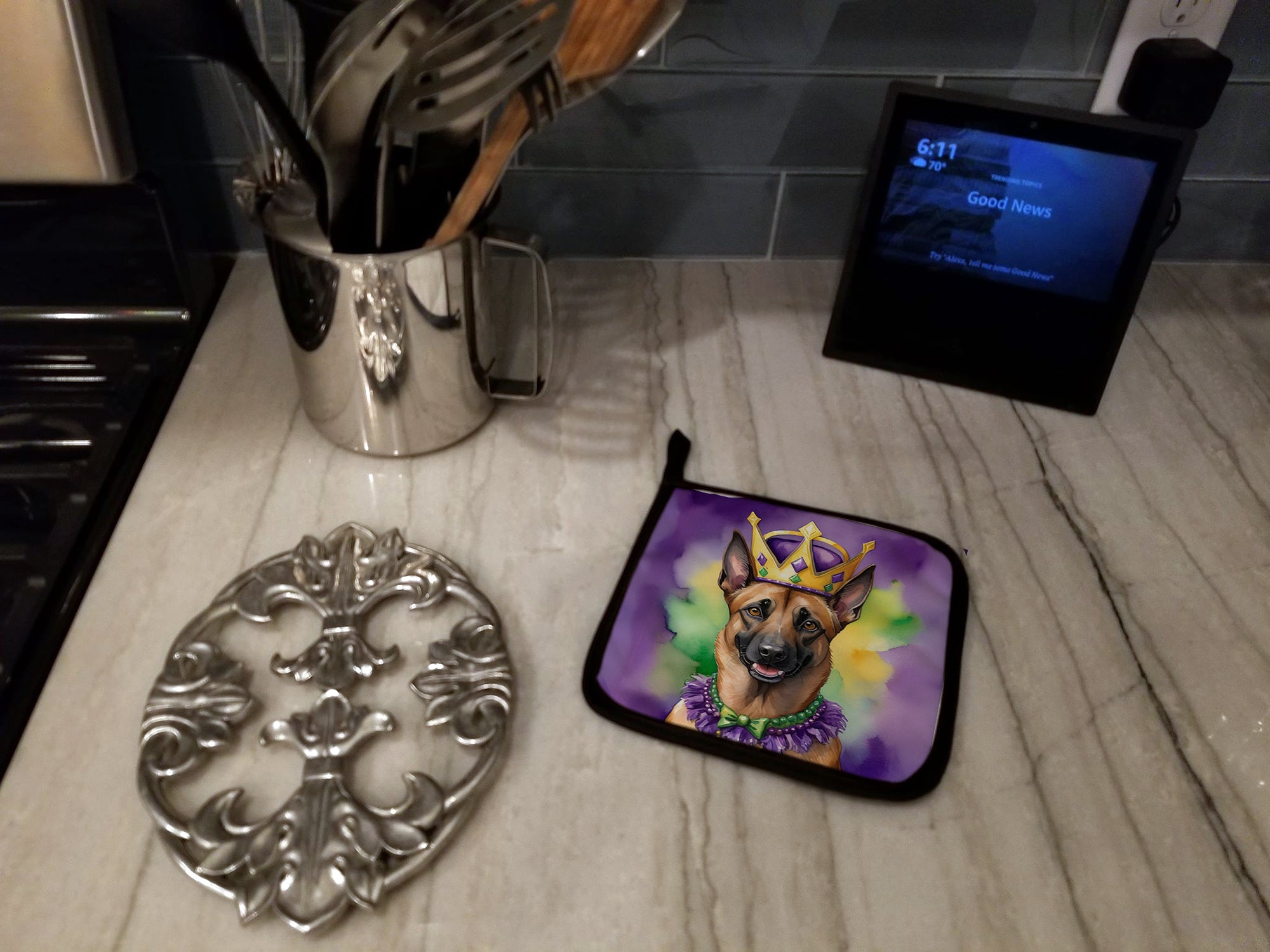 Belgian Malinois King of Mardi Gras Pair of Pot Holders