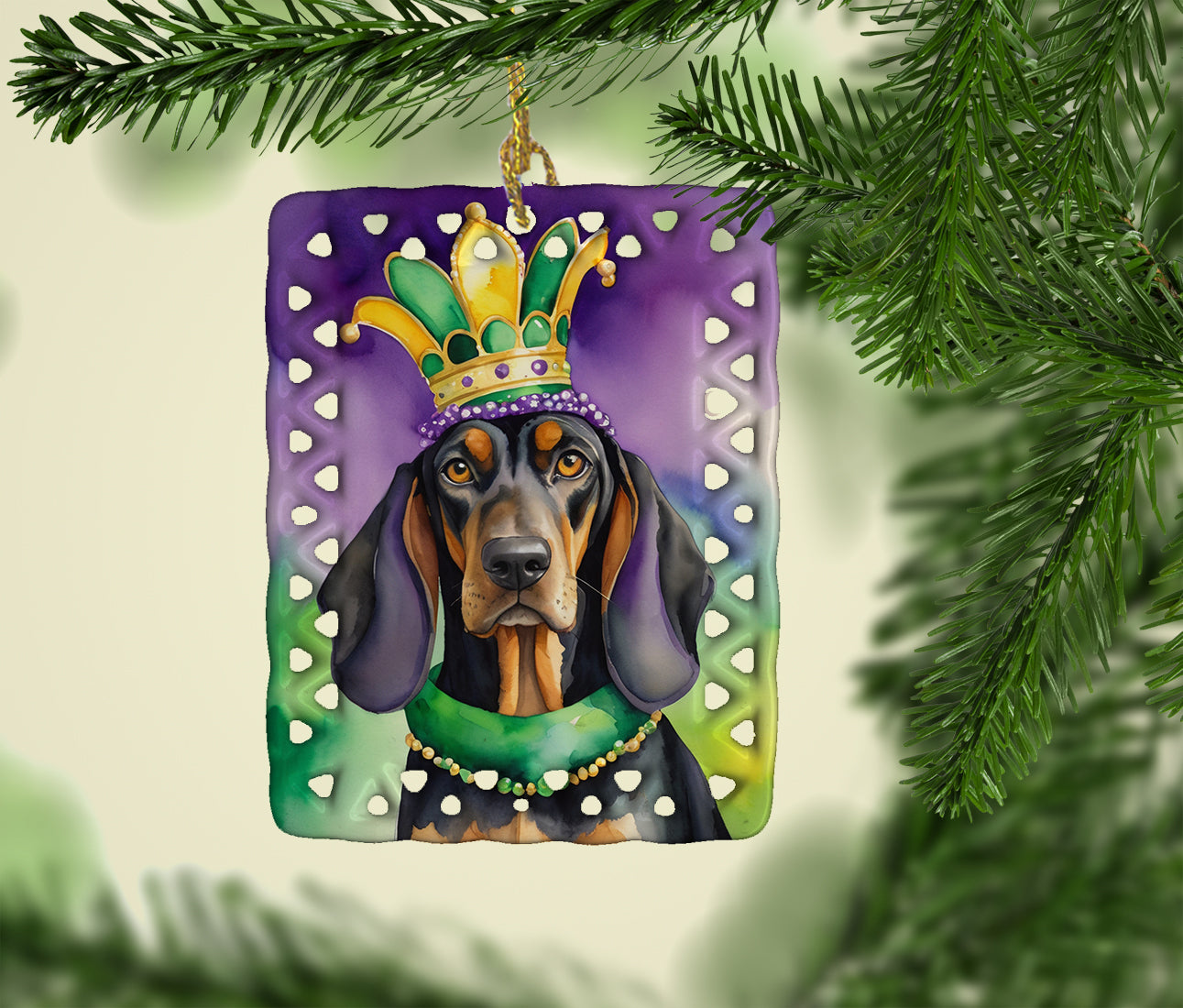 Buy this Black and Tan Coonhound King of Mardi Gras Porcelain Ornament