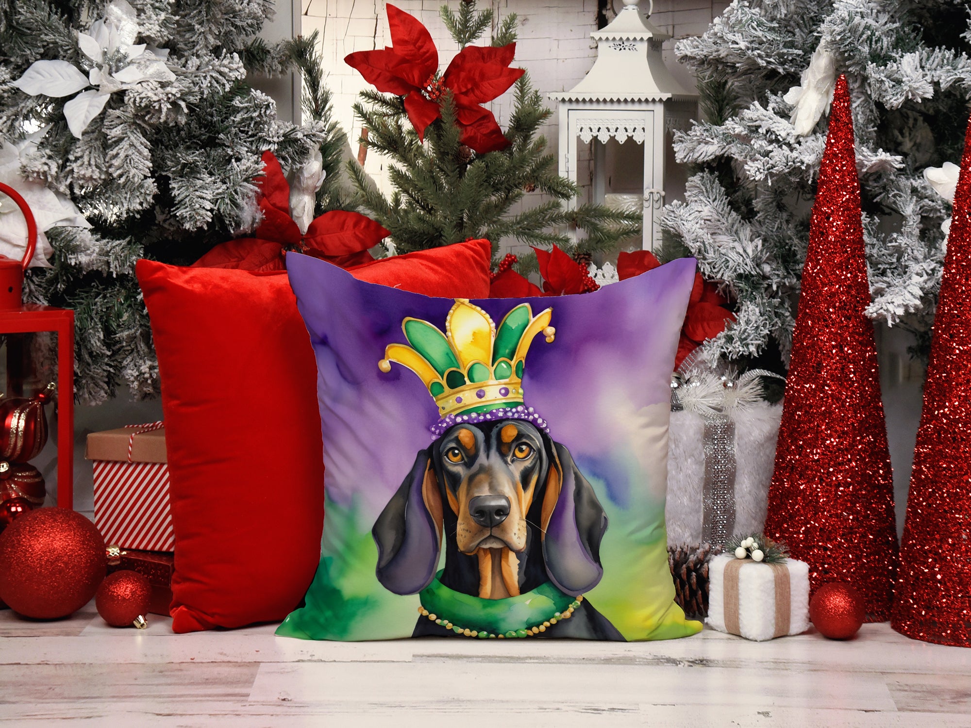 Black and Tan Coonhound King of Mardi Gras Throw Pillow