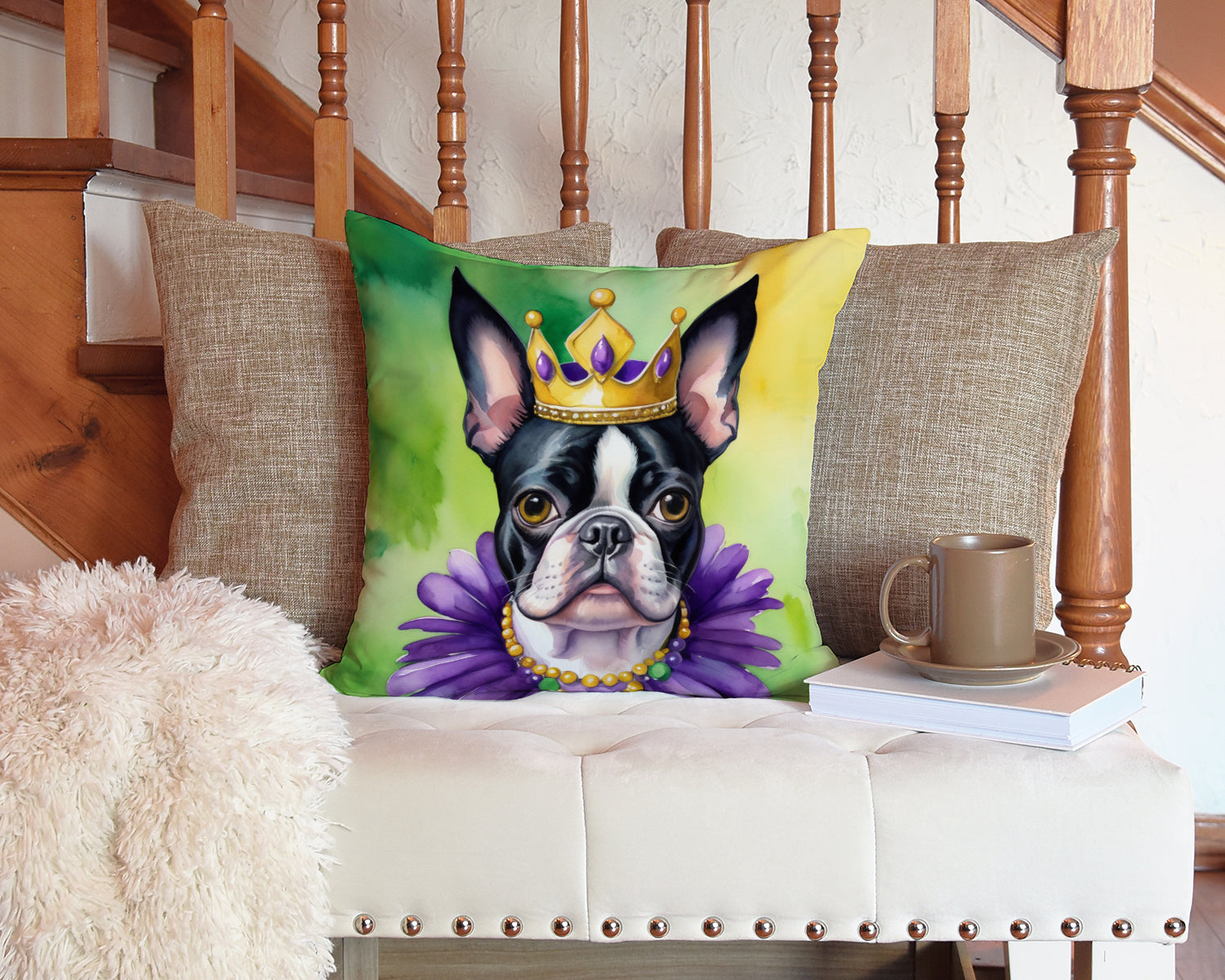 Boston Terrier King of Mardi Gras Throw Pillow