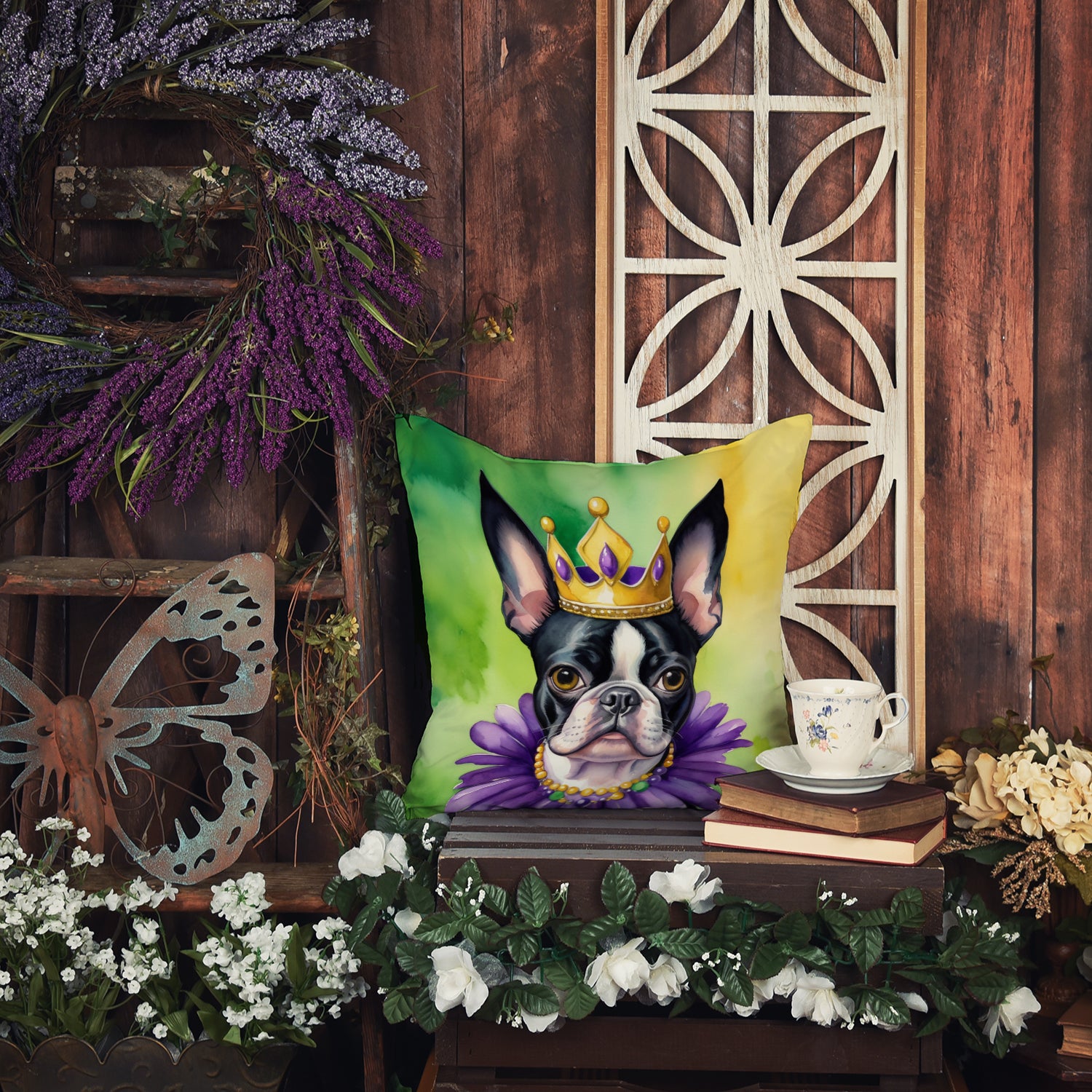 Boston Terrier King of Mardi Gras Throw Pillow