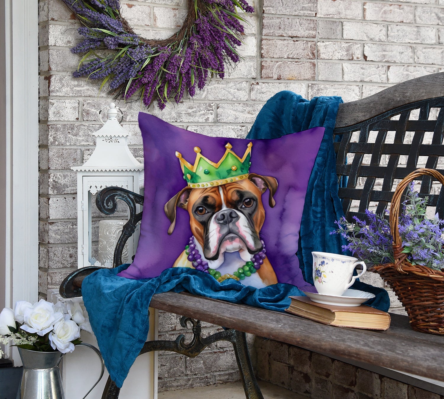 Boxer King of Mardi Gras Throw Pillow