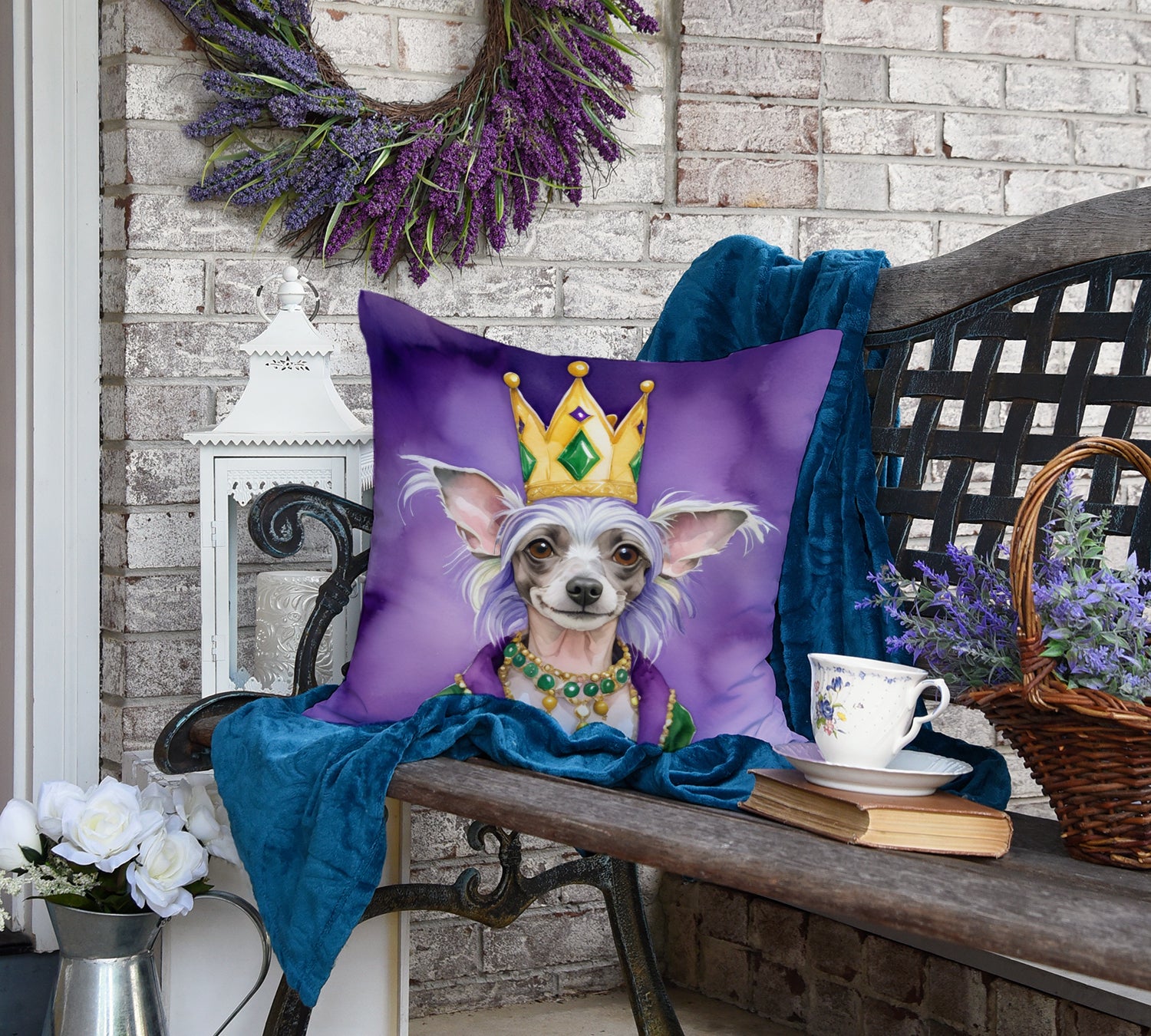 Chinese Crested King of Mardi Gras Throw Pillow