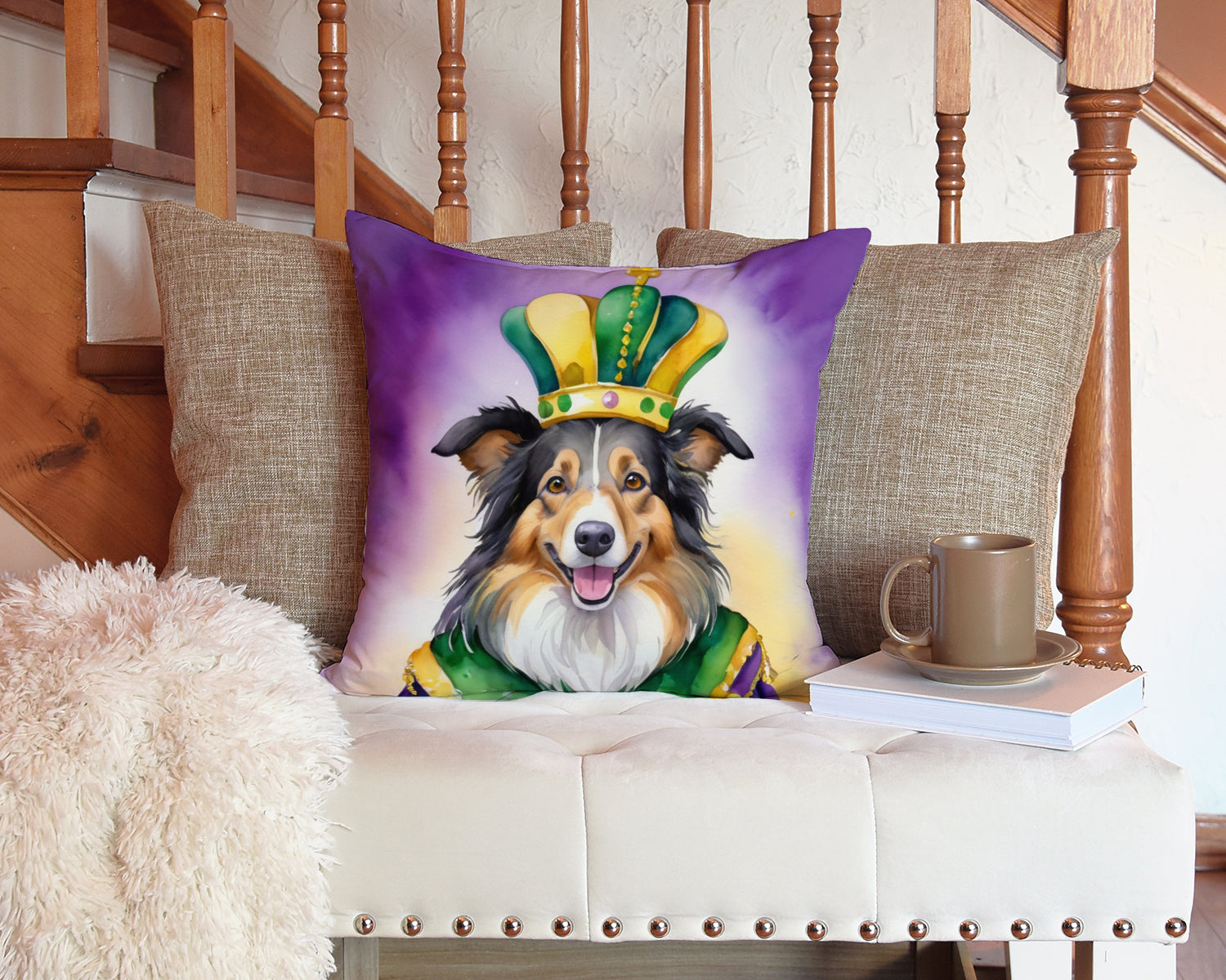 Collie King of Mardi Gras Throw Pillow