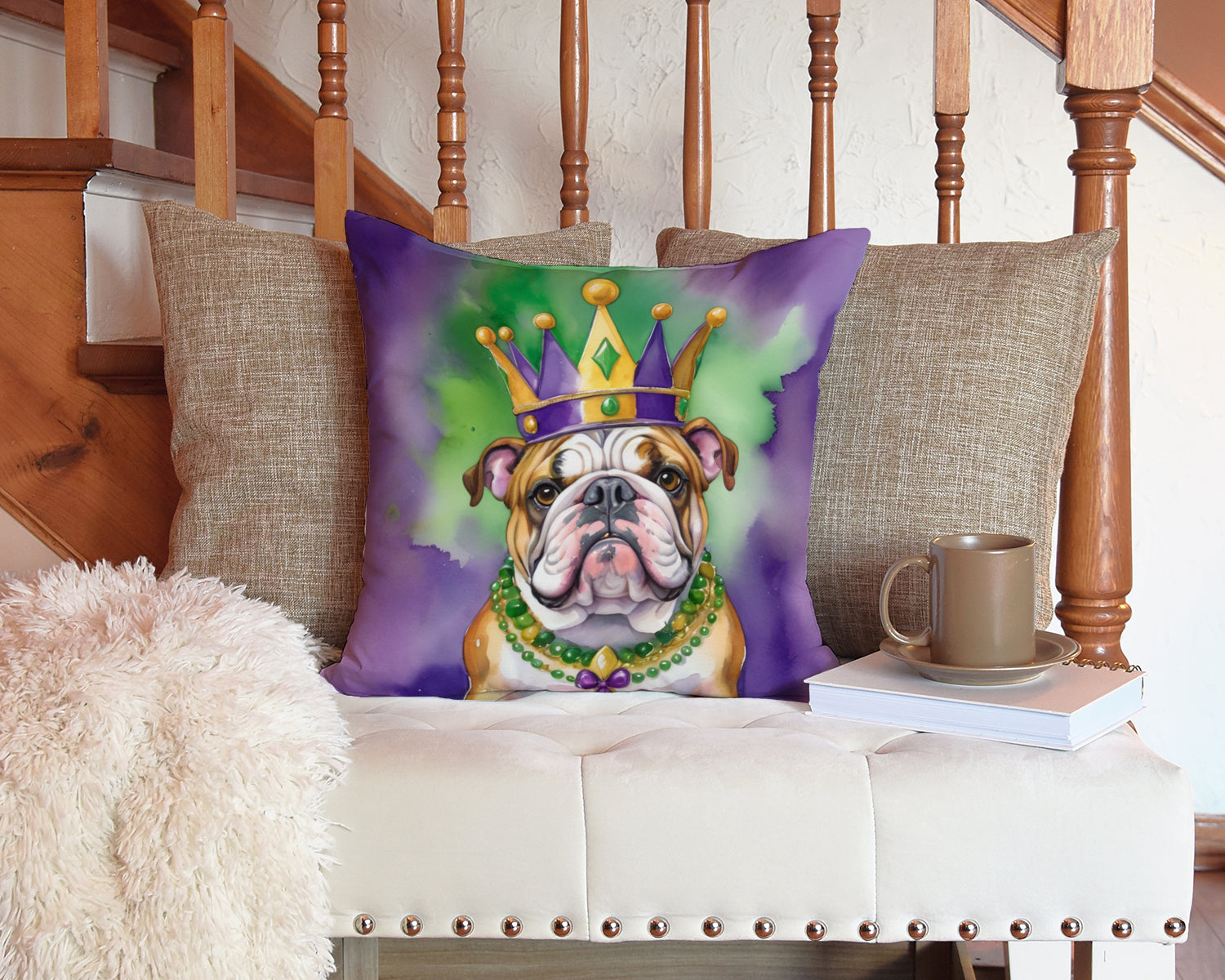 English Bulldog King of Mardi Gras Throw Pillow