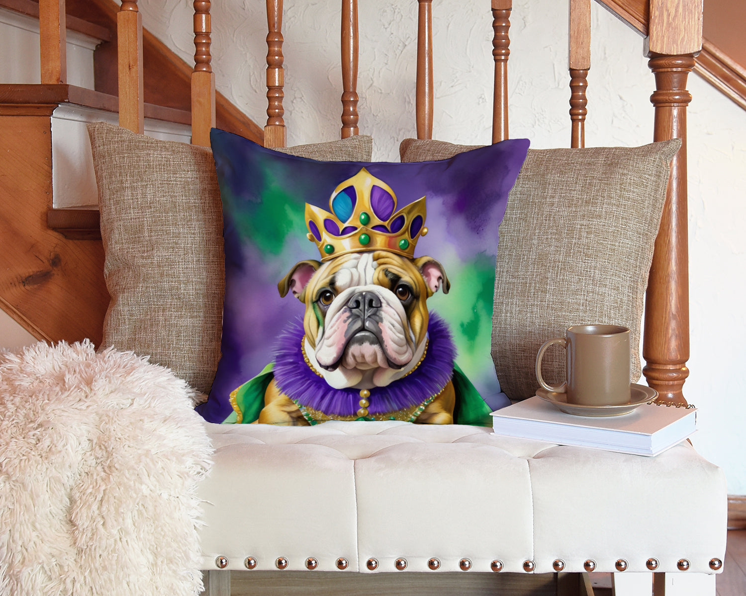 English Bulldog King of Mardi Gras Throw Pillow