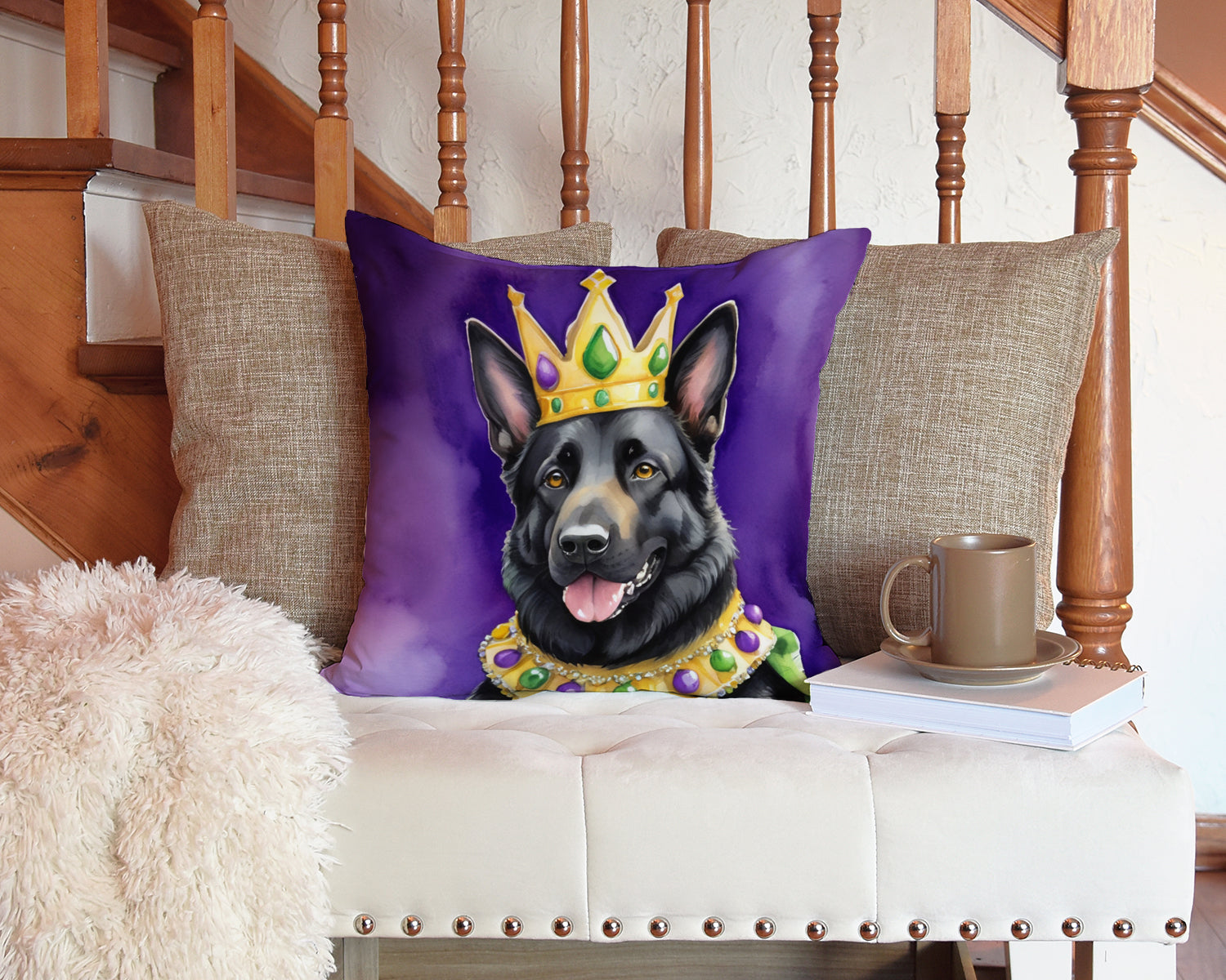 Black German Shepherd King of Mardi Gras Throw Pillow