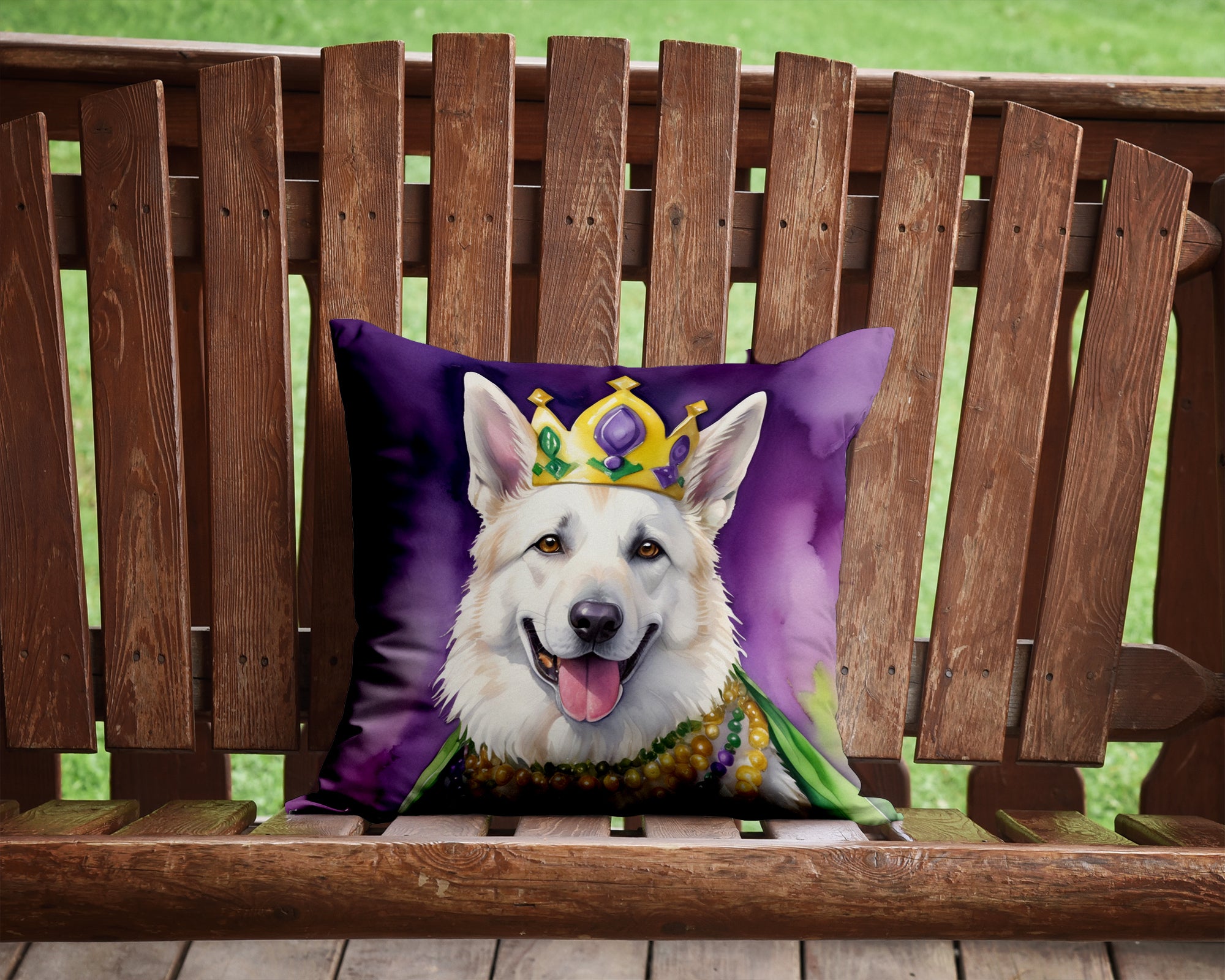 Buy this White German Shepherd King of Mardi Gras Throw Pillow