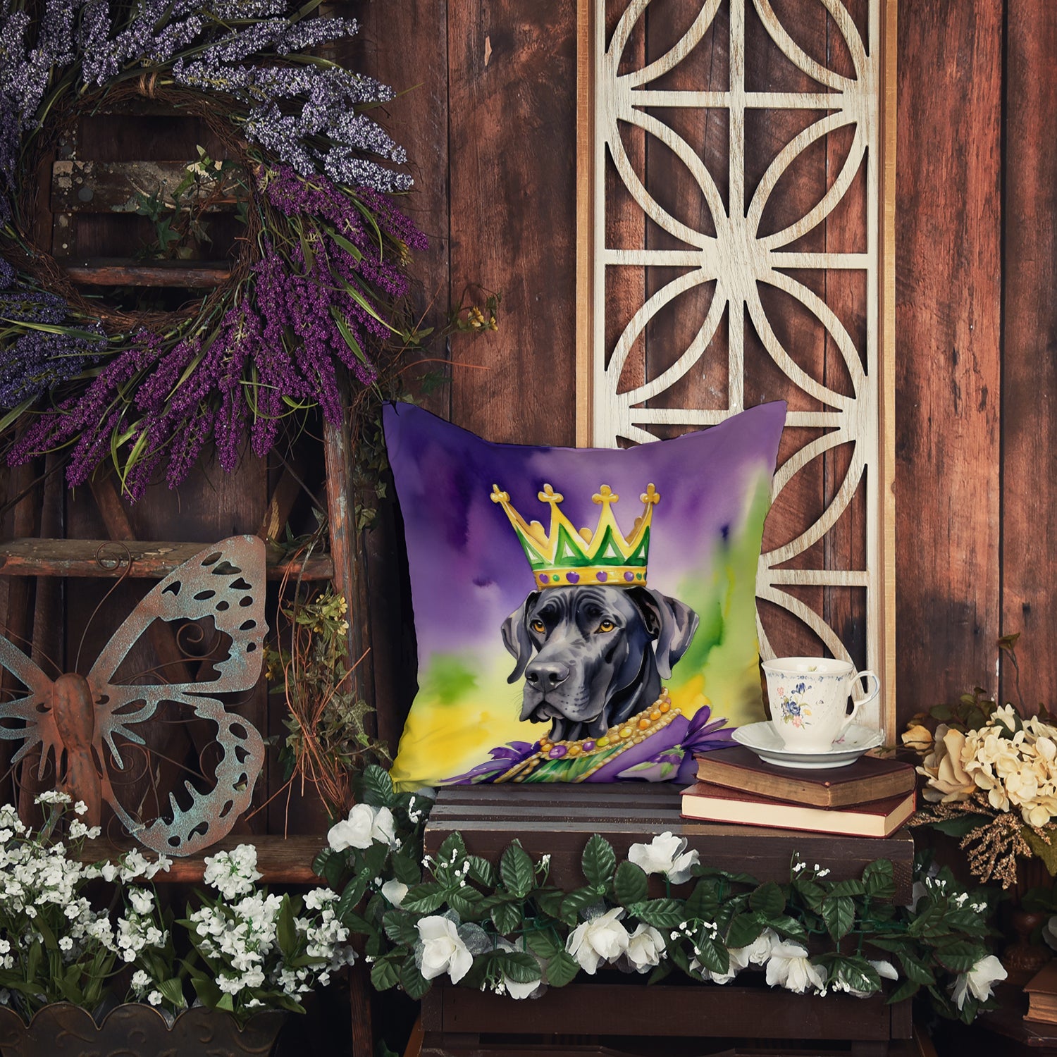 Great Dane King of Mardi Gras Throw Pillow