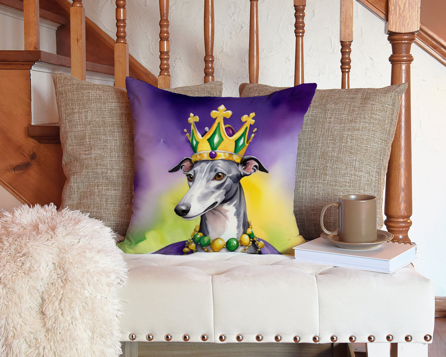 Greyhound King of Mardi Gras Throw Pillow