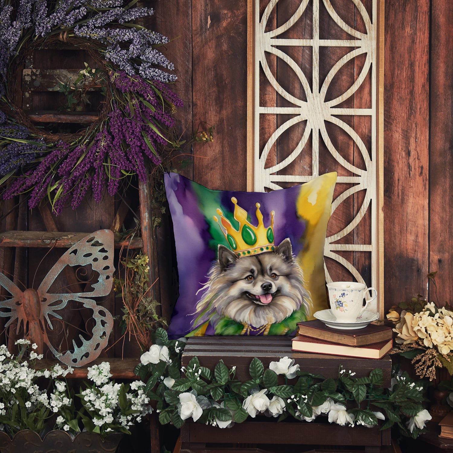 Keeshond King of Mardi Gras Throw Pillow