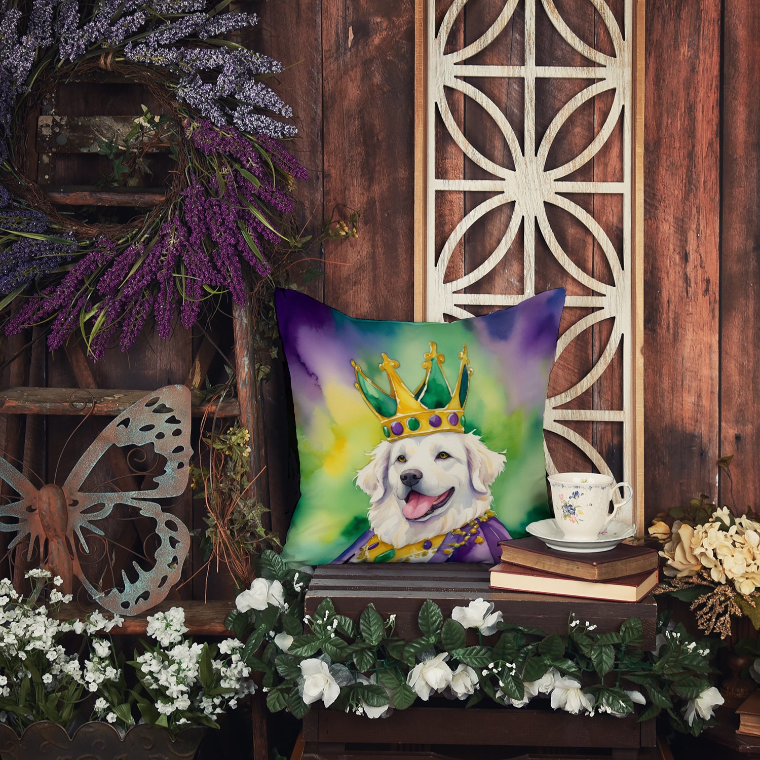 Kuvasz King of Mardi Gras Throw Pillow