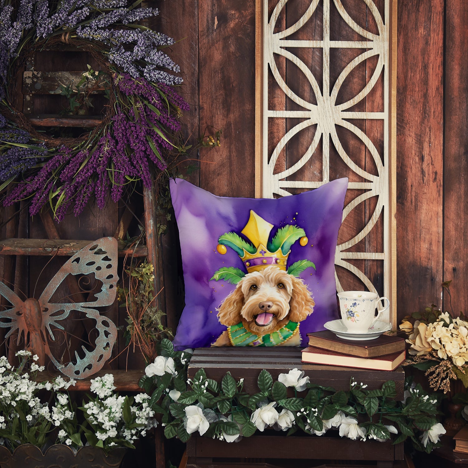 Labradoodle King of Mardi Gras Throw Pillow