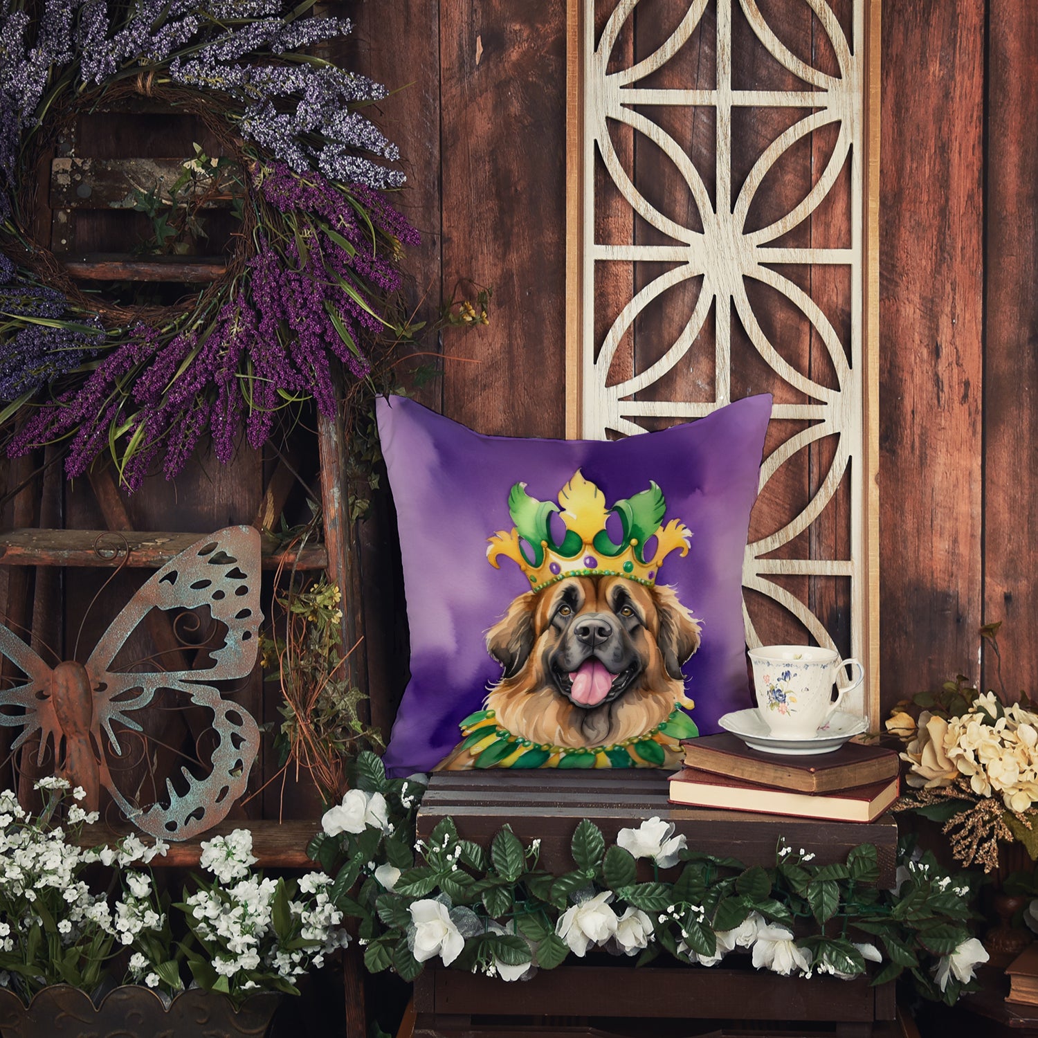 Leonberger King of Mardi Gras Throw Pillow