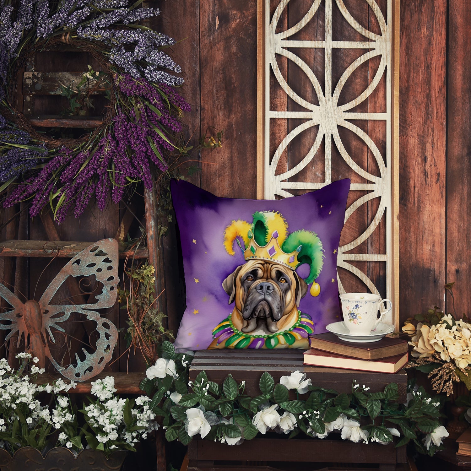 Mastiff King of Mardi Gras Throw Pillow