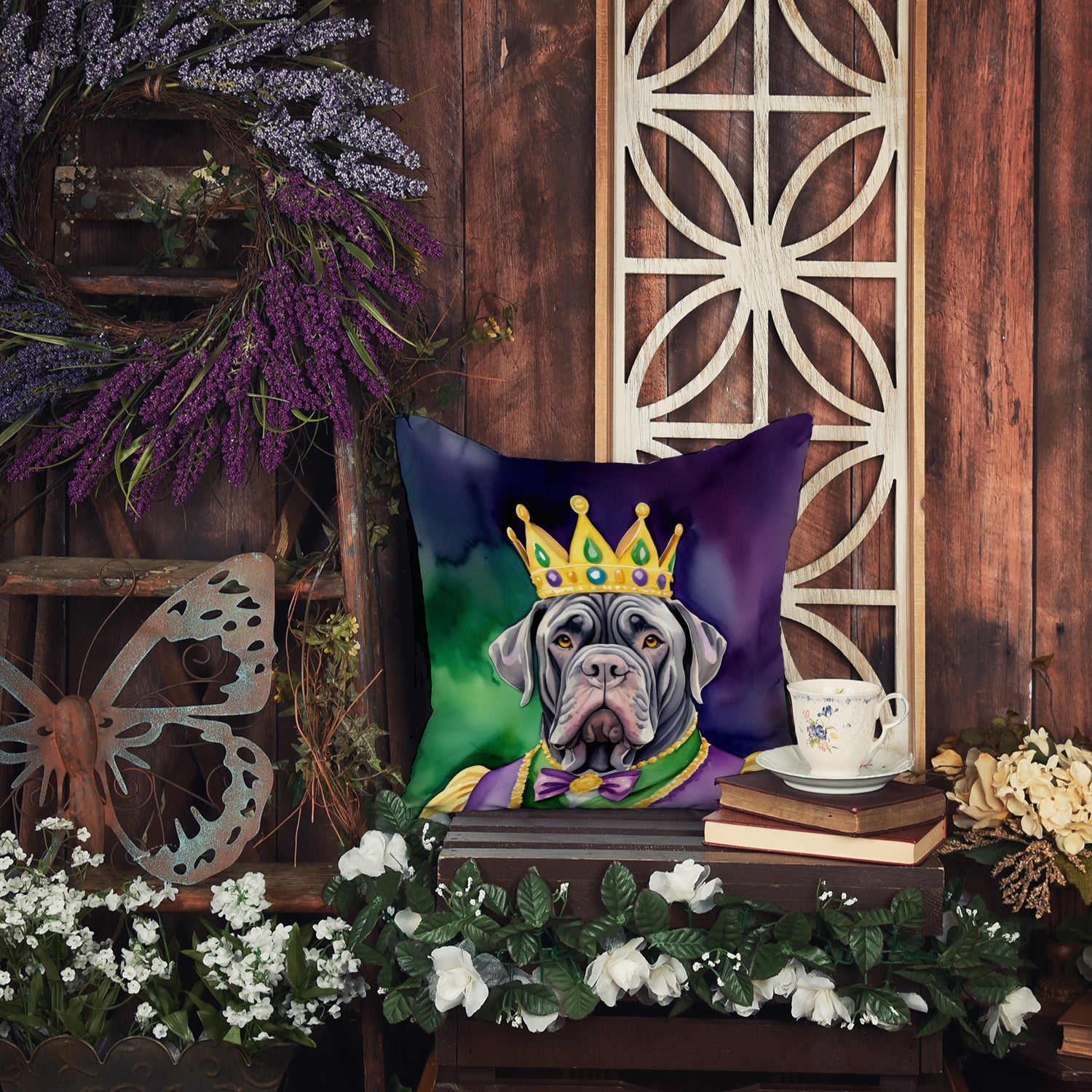 Neapolitan Mastiff King of Mardi Gras Throw Pillow