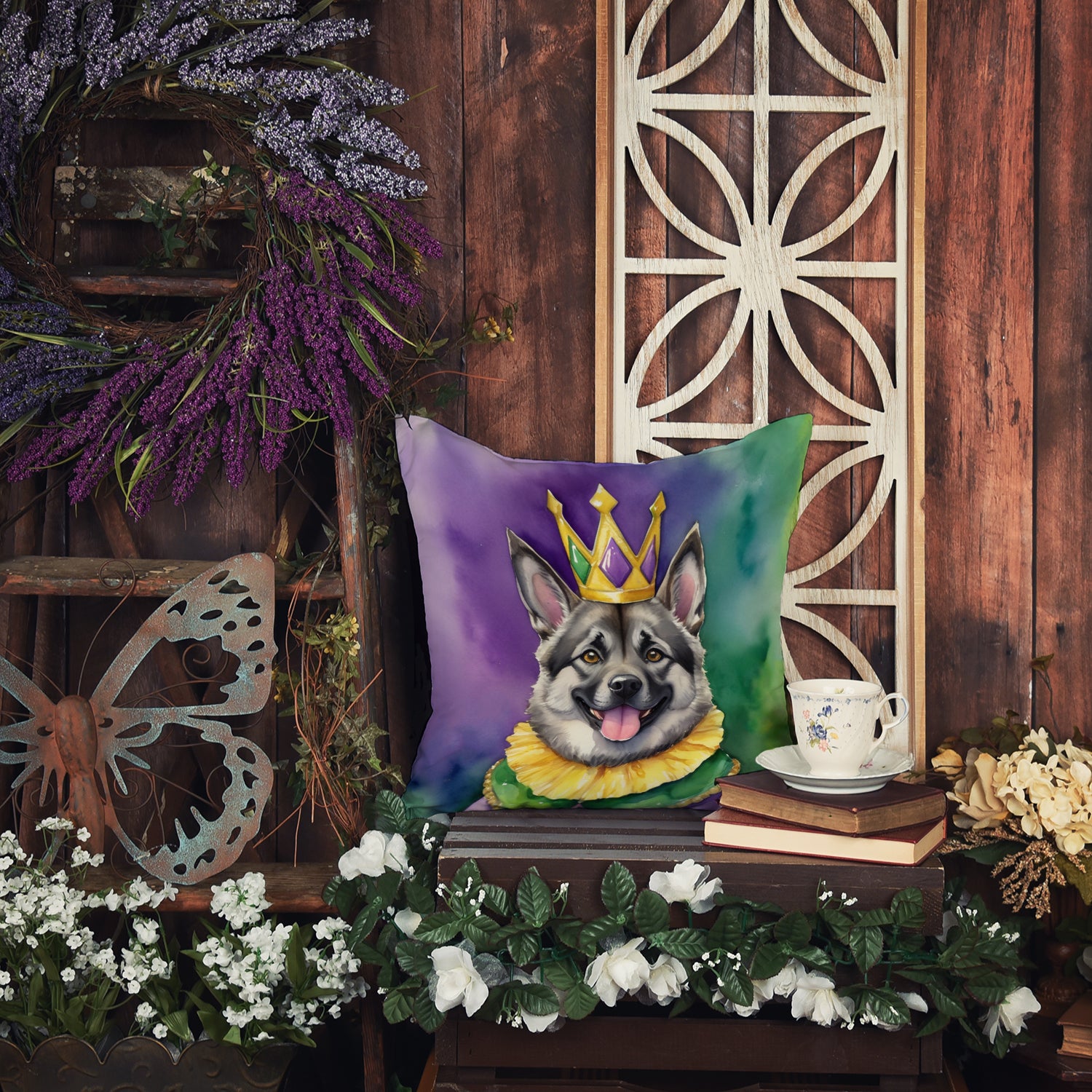 Norwegian Elkhound King of Mardi Gras Throw Pillow