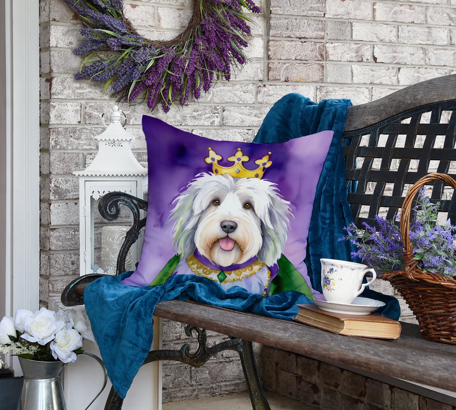 Old English Sheepdog King of Mardi Gras Throw Pillow