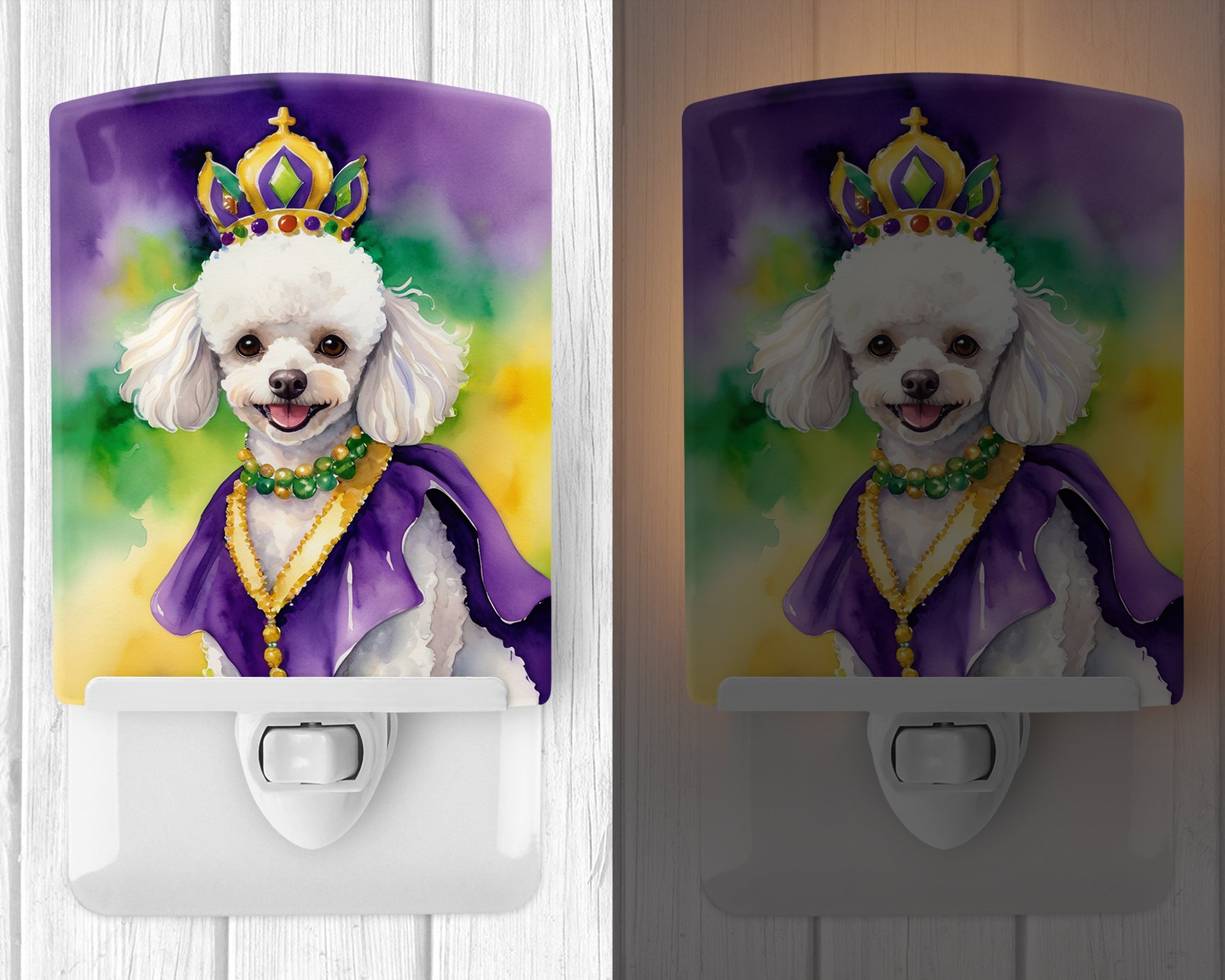 White Poodle King of Mardi Gras Ceramic Night Light